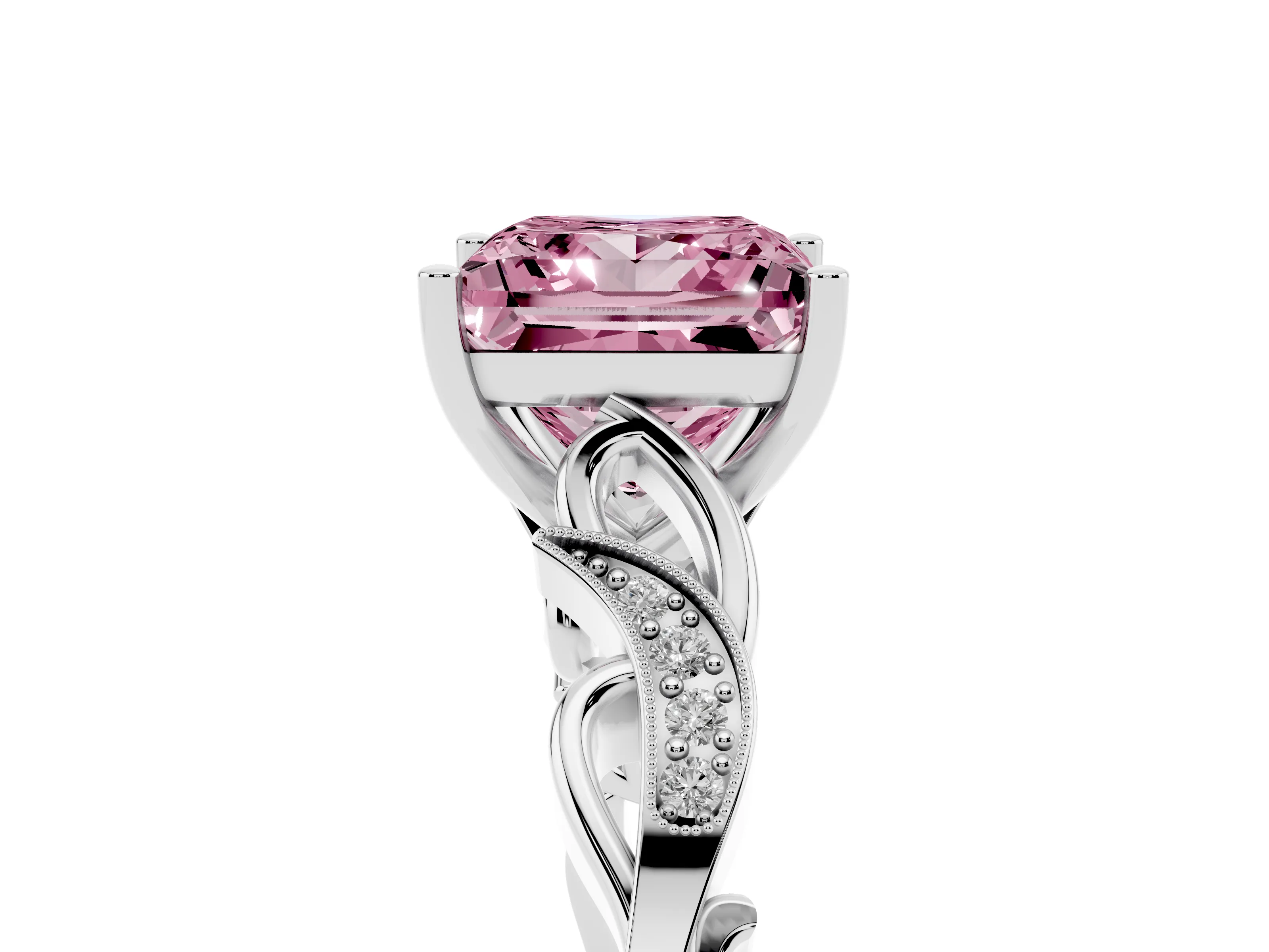 Fancy Pink Princess Cut Diamond Vine Band Solitaire Ring Set in White gold with Milgrain Prong Setting