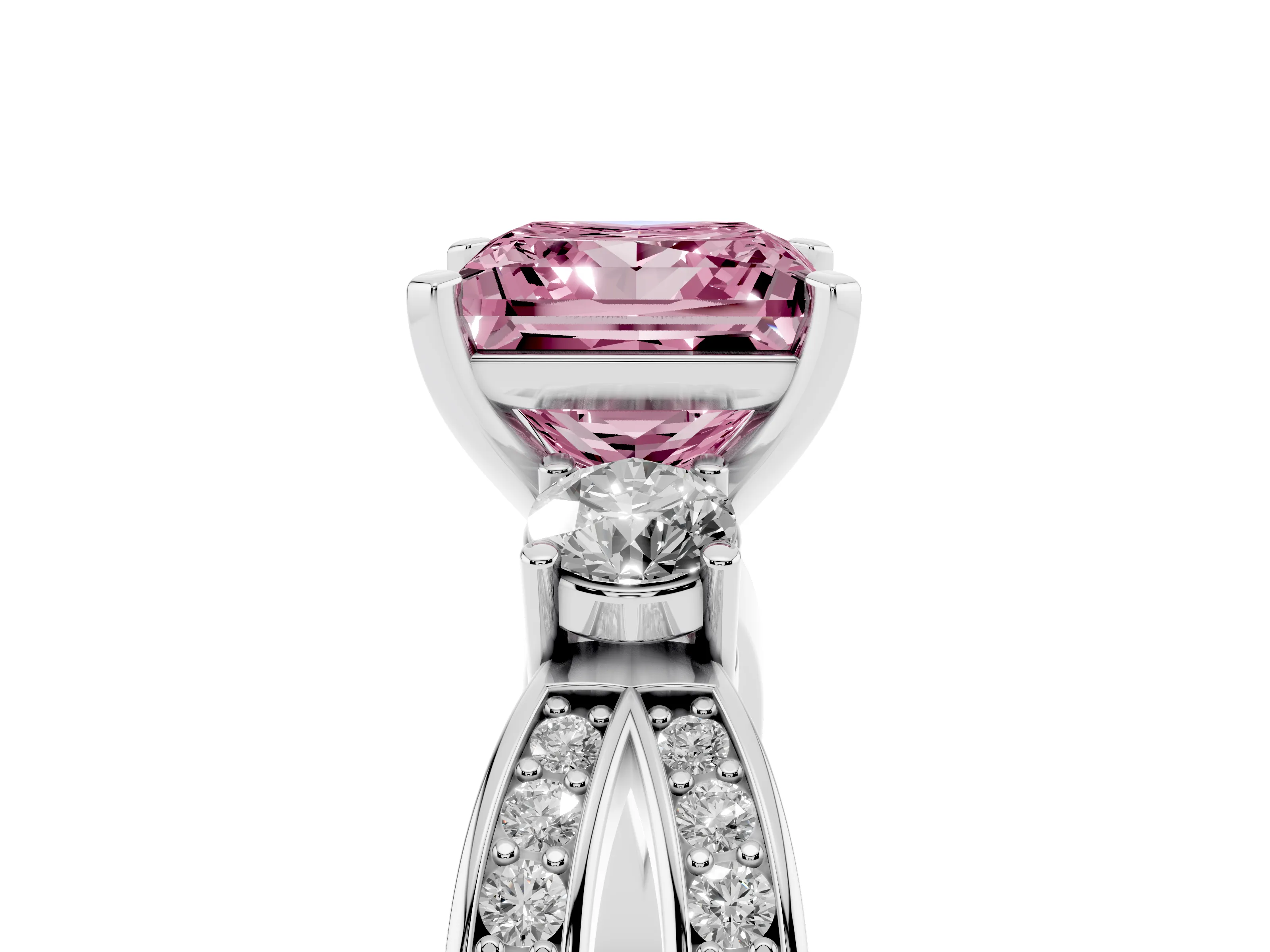 Fancy Pink Three-Stone Princess Cut Diamond Twist Band Ring Set in Platinum with Pavé Accents and Prong Setting