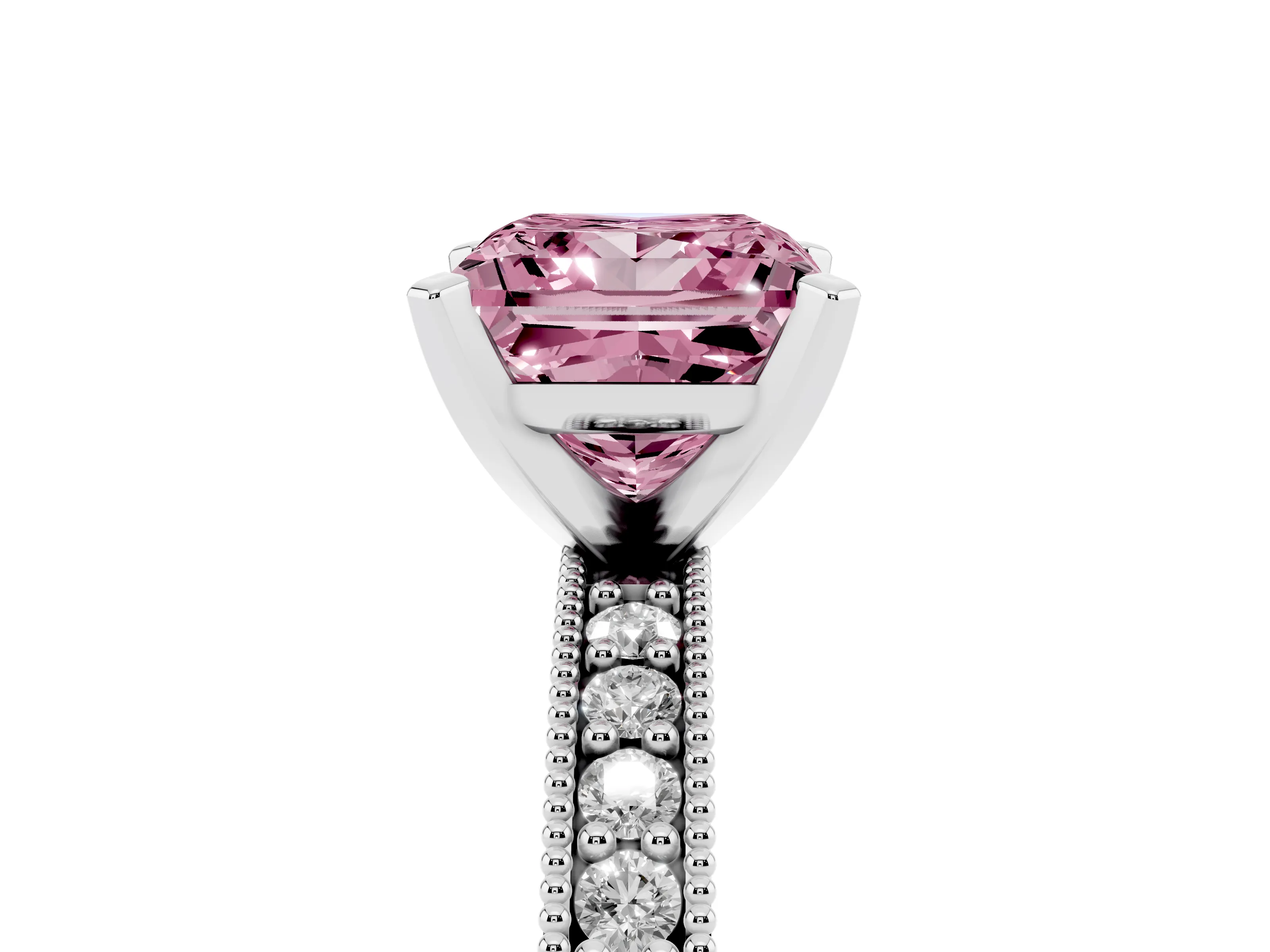 Fancy Pink Princess Cut Diamond Milgrain Pavé Engagement Ring Set in Silver with Prong Setting