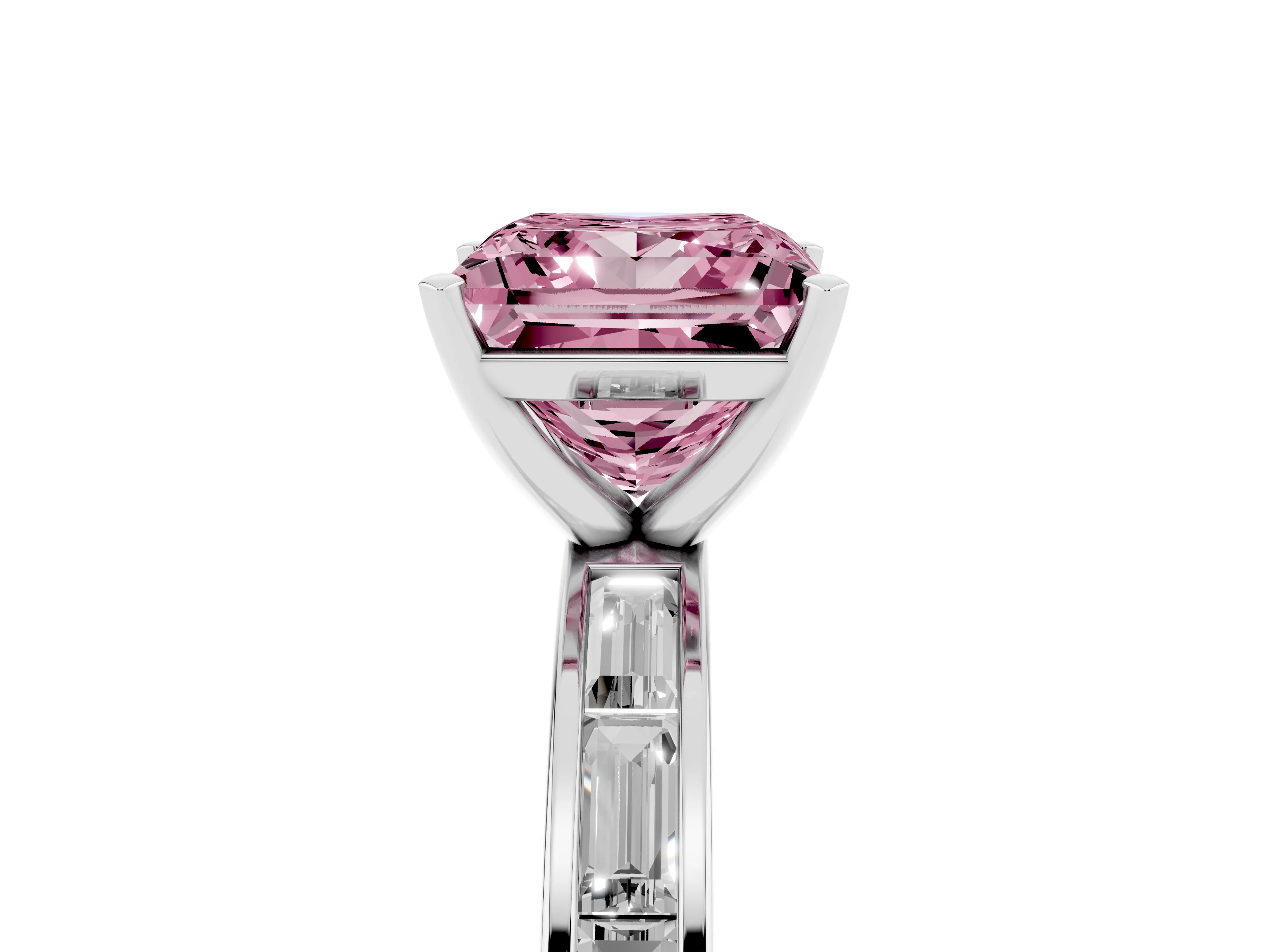 Fancy Pink Princess Cut Diamond Solitaire Ring Set in Platinum with Channel-Set Baguette Band and Prong Setting