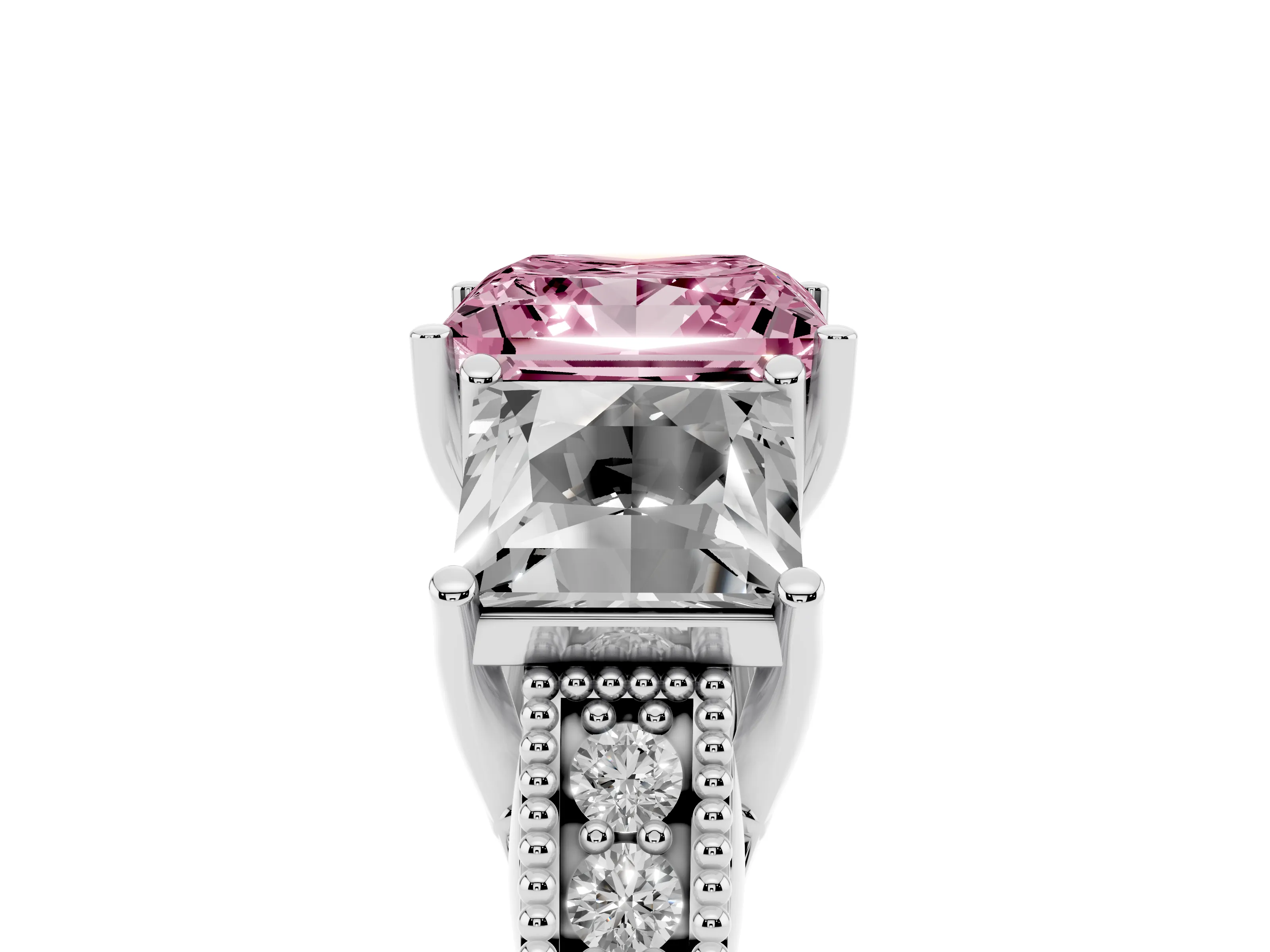 Fancy Pink Princess Cut Diamond Three-Stone Engagement Ring Set in Silver with Milgrain Pavé Band