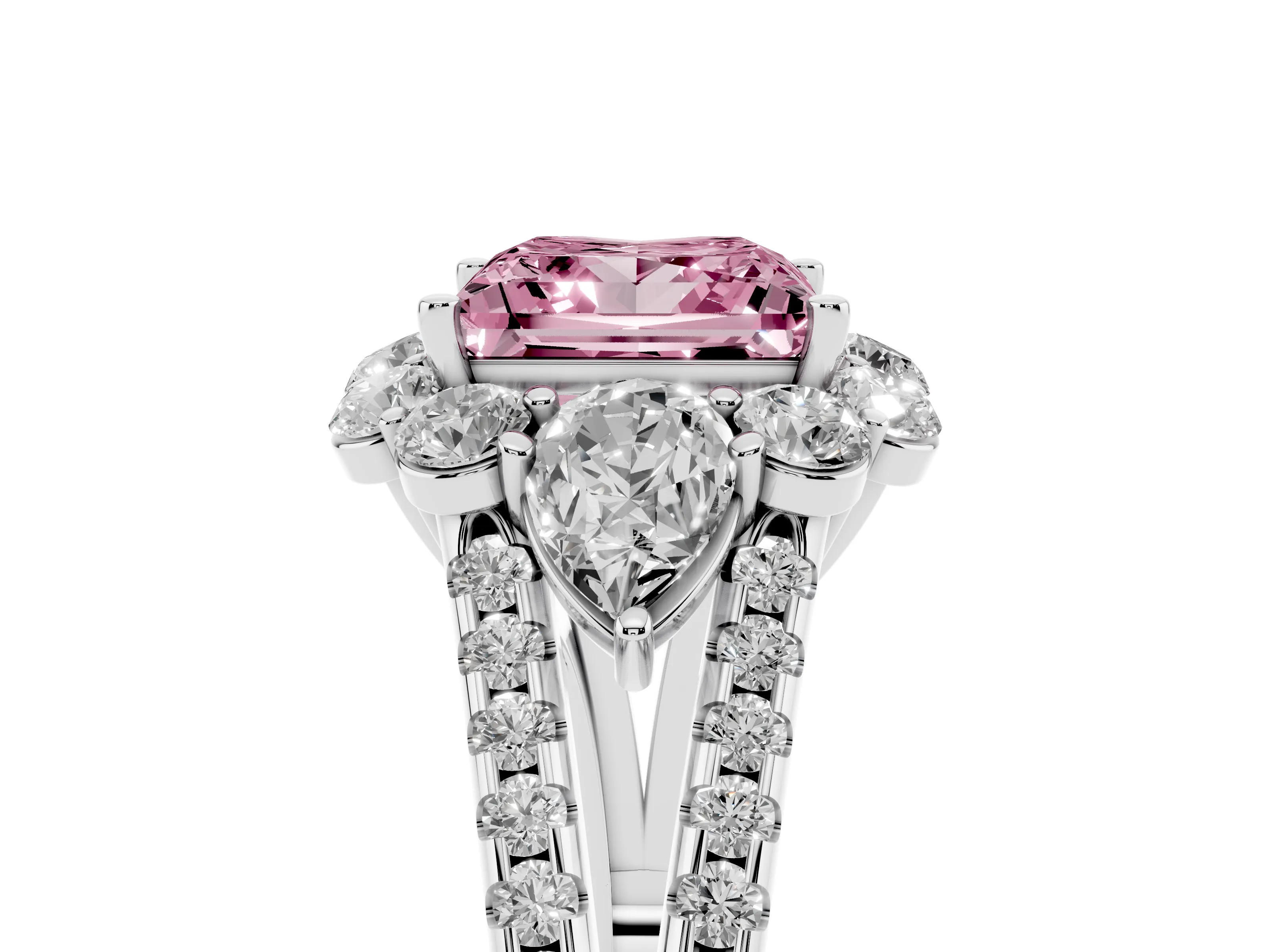 Fancy Pink Princess Cut Diamond Halo Split Shank Engagement Ring Set in Platinum with Prong-Held Center Stone