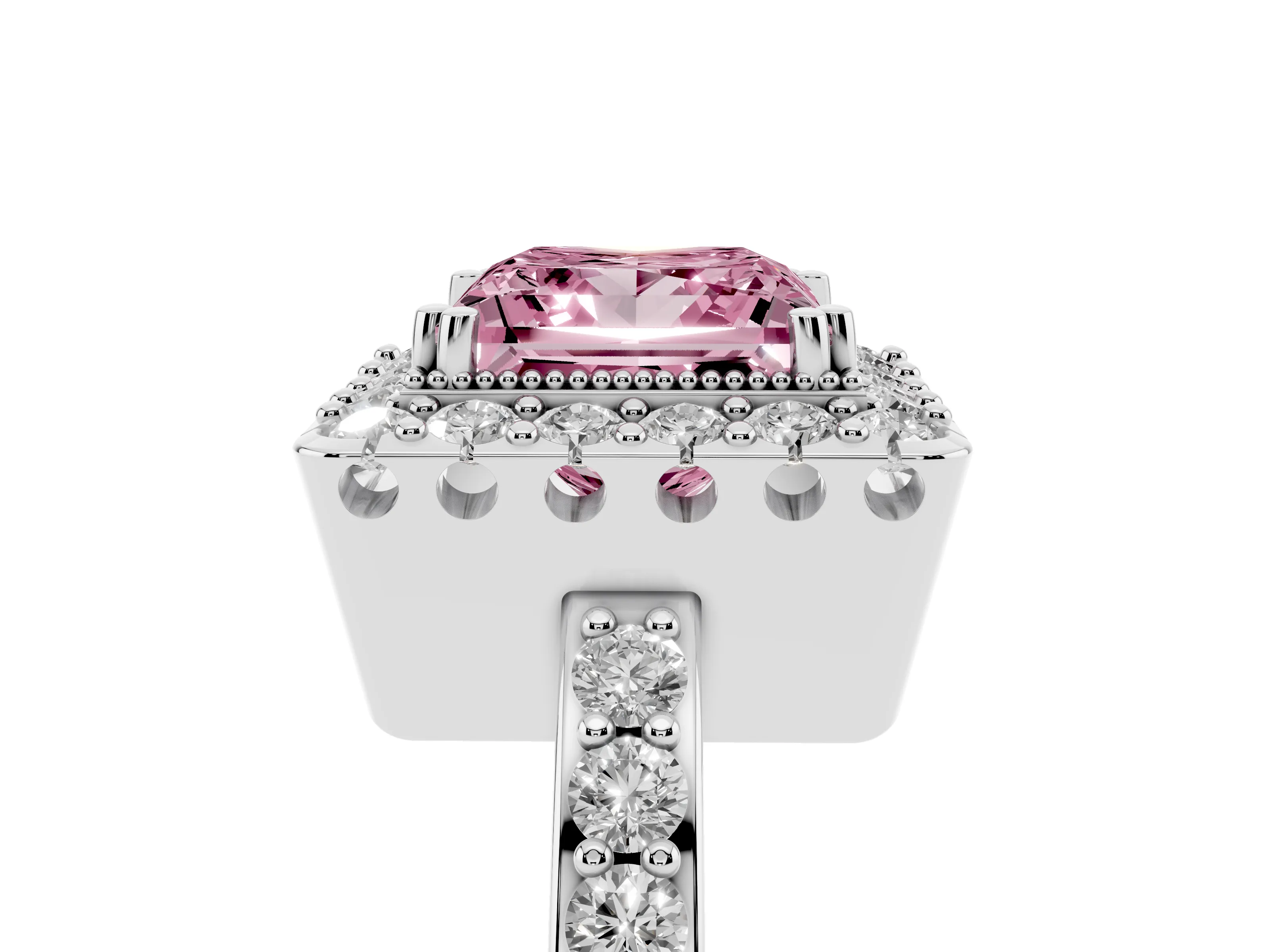 Fancy Pink Princess Cut Diamond Halo Ring Set in Silver with Pavé Shank and Prong Setting