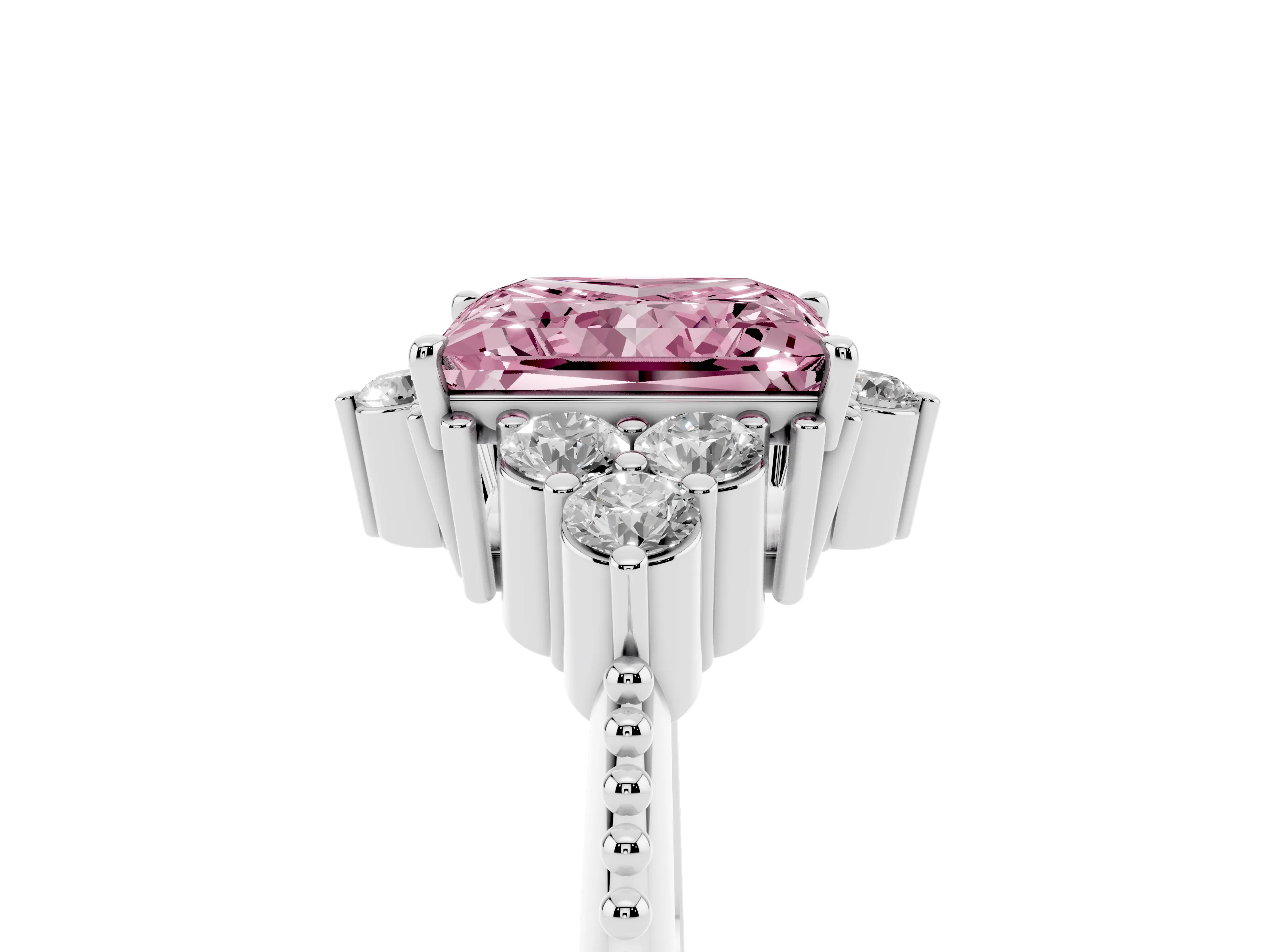 Fancy Pink Princess Cut Diamond Cluster Ring Set in Silver with Beaded Band