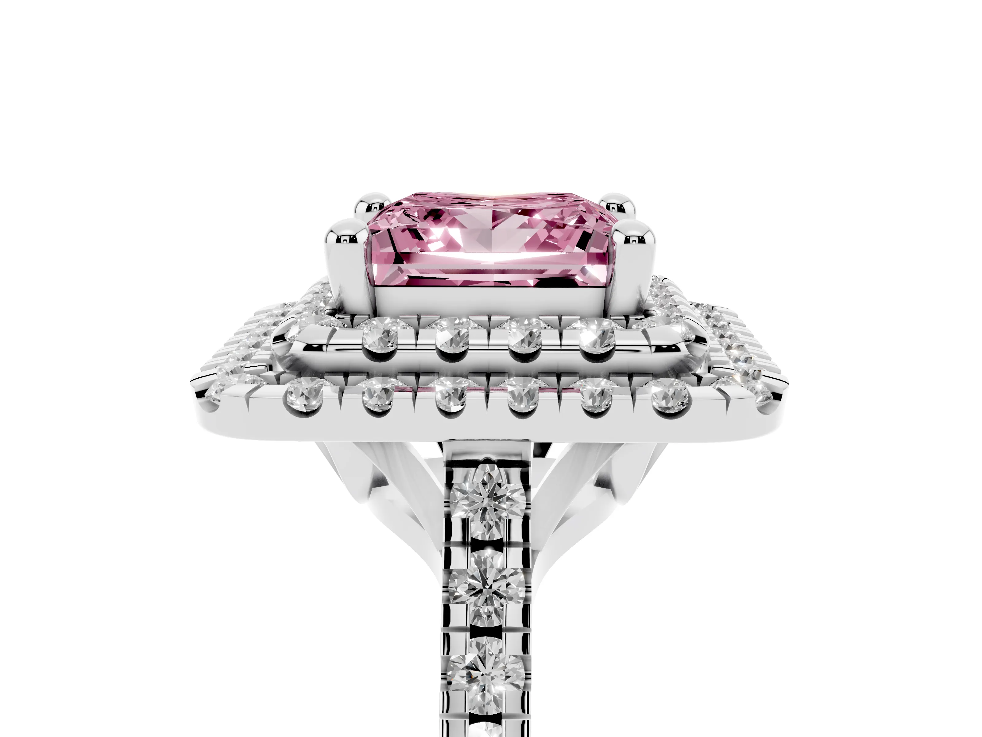 Fancy Pink Princess Cut Diamond Double Halo Statement Ring Set in White gold with Pavé Band