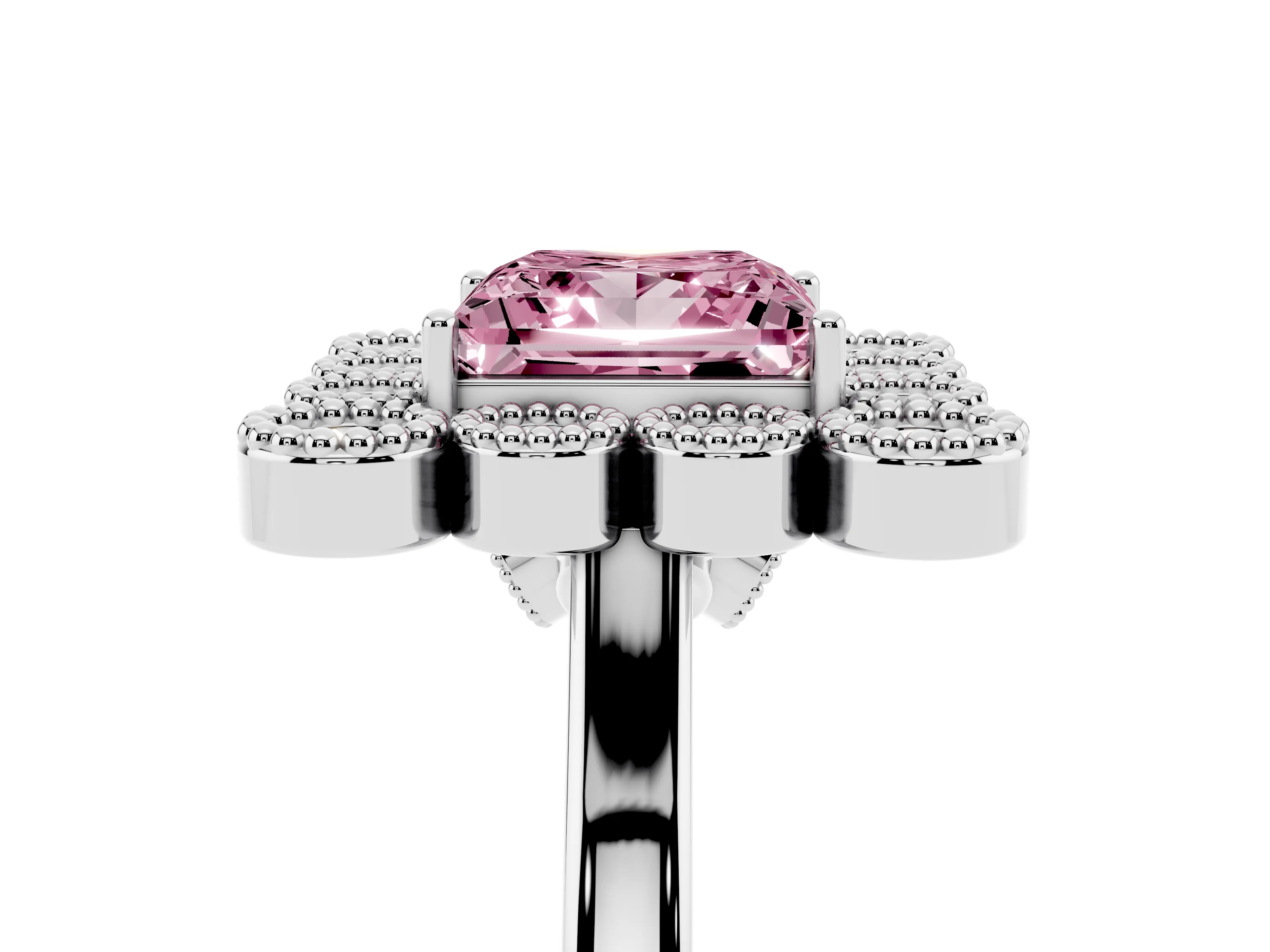 Fancy Pink Princess Cut Diamond Cluster Halo Ring Set in White gold with Milgrain Bezel Accents and Plain Band