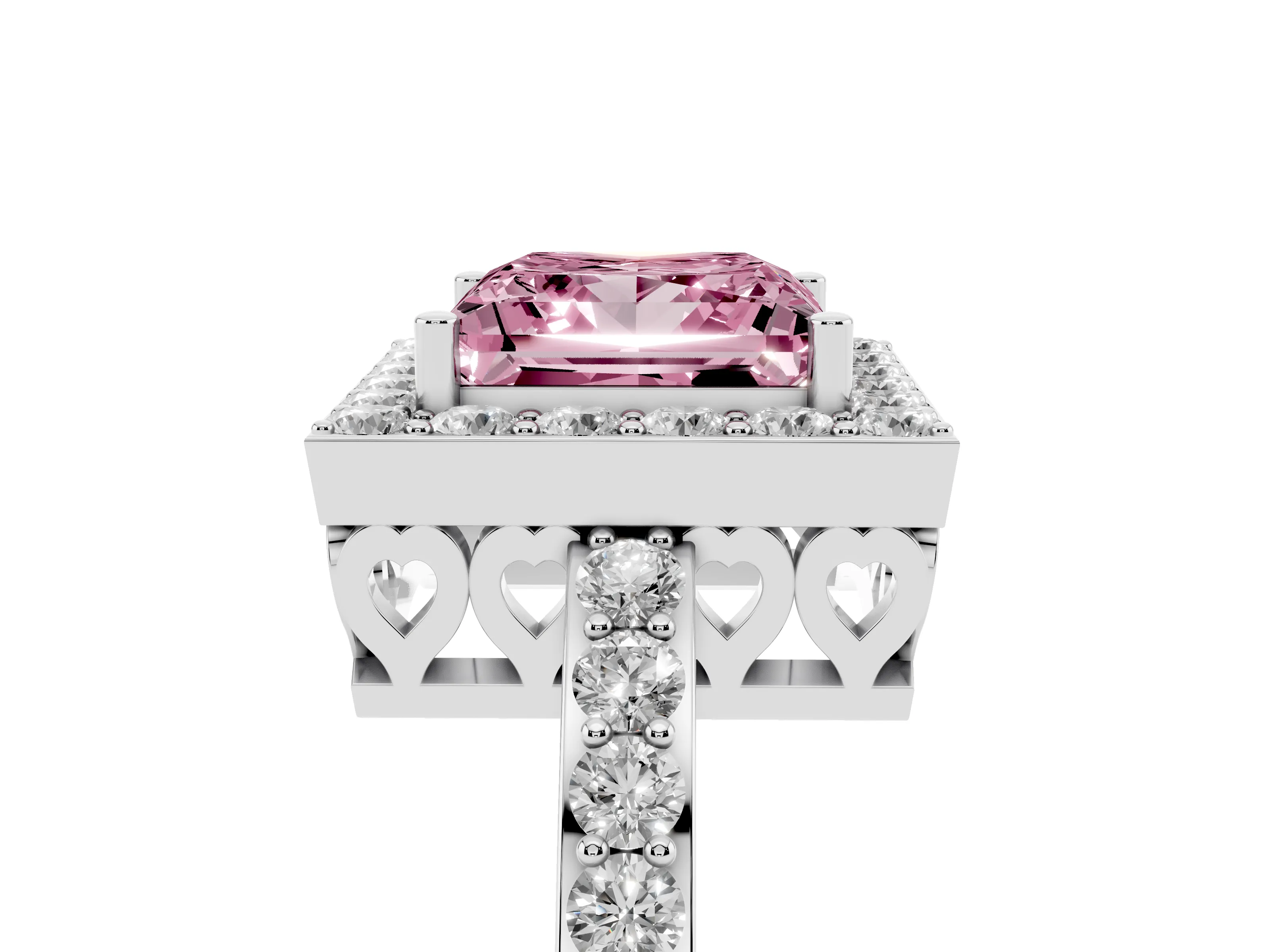 Fancy Pink Princess Cut Diamond Halo Ring Set in White gold with Pavé-Setting Band and Open Prong Center