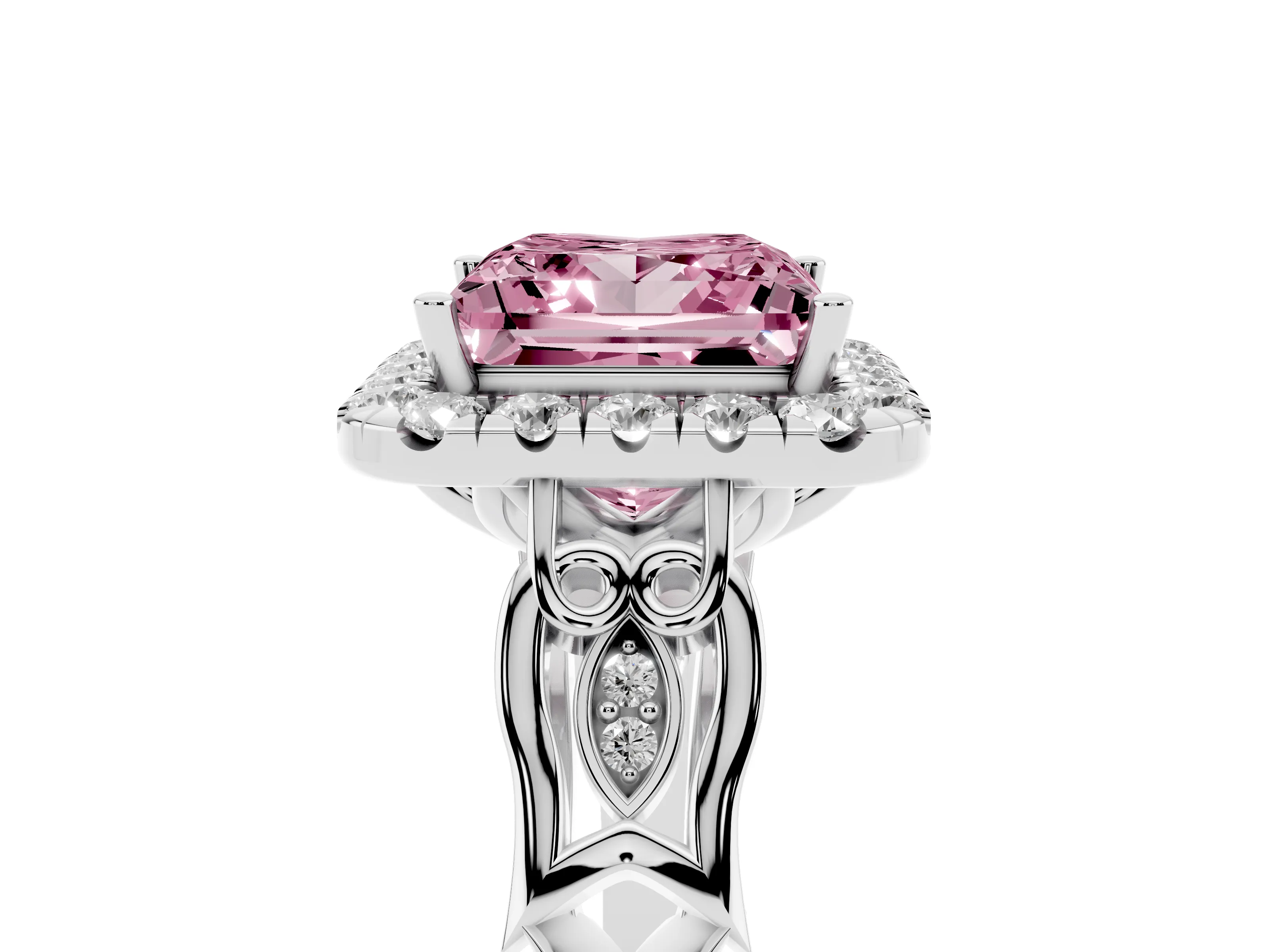 Fancy Pink Princess Cut Diamond Halo Engagement Ring Set in White gold with Filigree Band and Prong-Set Center