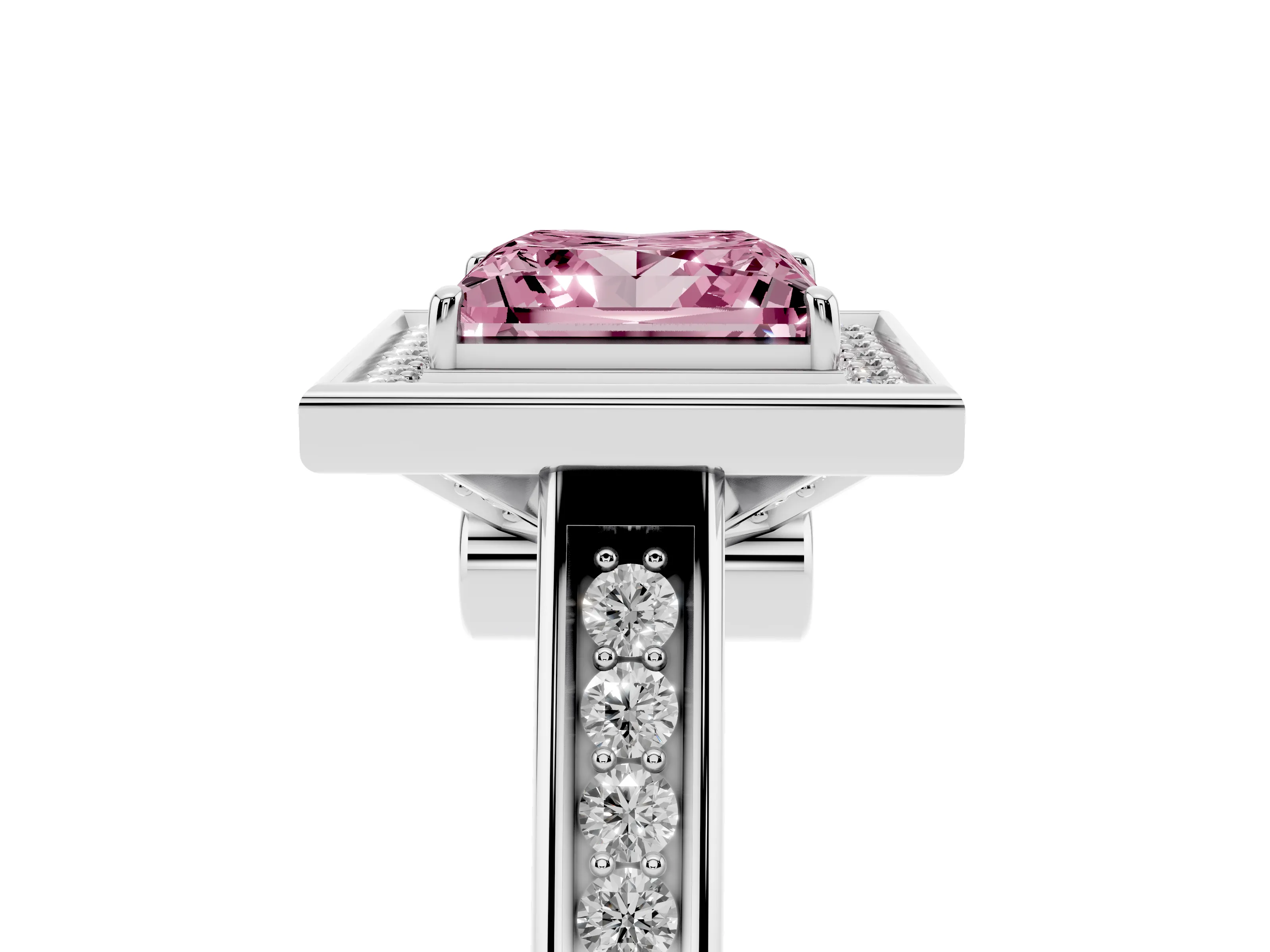 Fancy Pink Princess Cut Diamond Halo Solitaire Ring Set in Platinum with Pavé Band and Bezel Setting