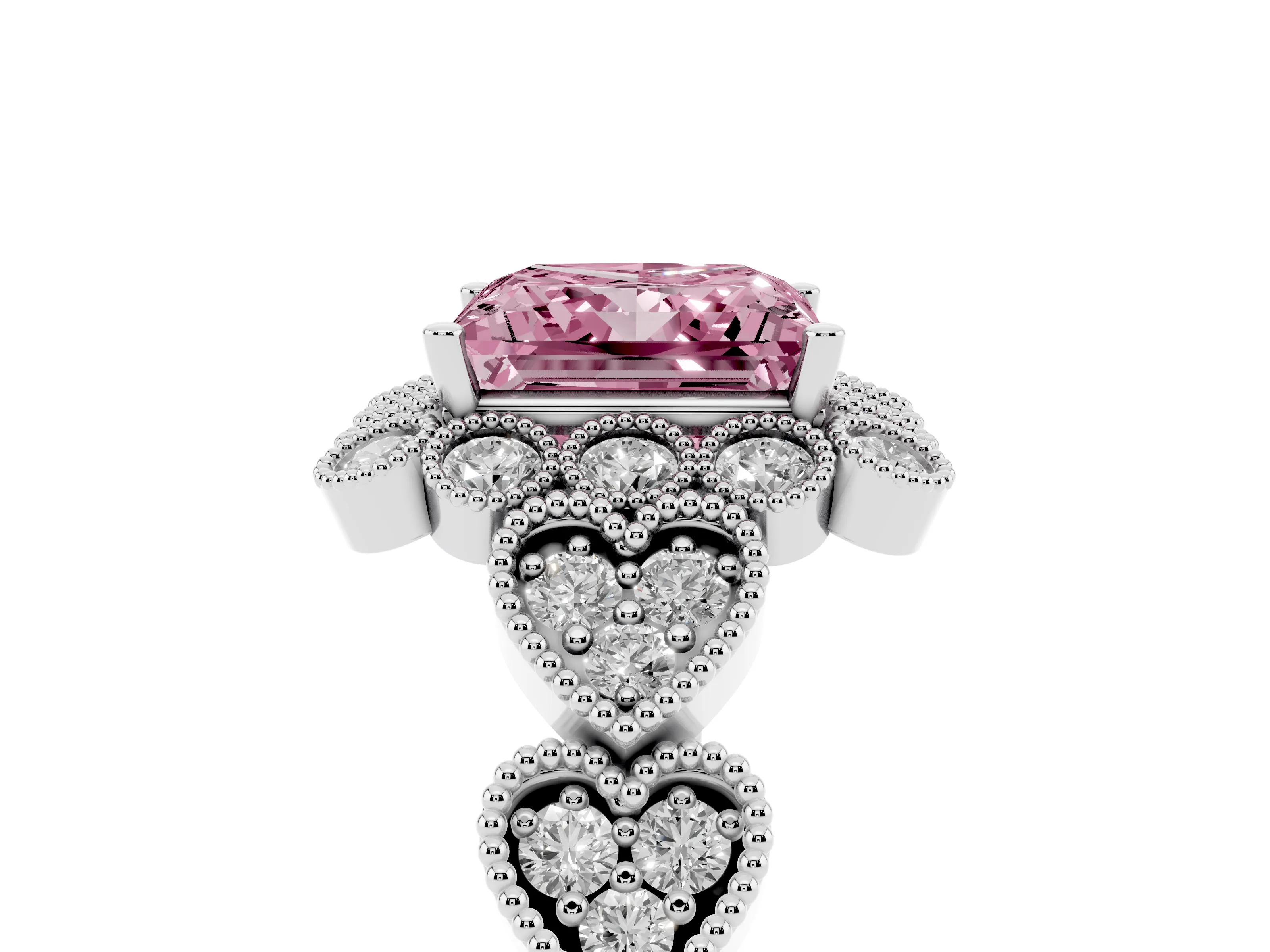 Fancy Pink Princess Cut Diamond Solitaire Ring Set in Silver with Milgrain Pavé Heart Band