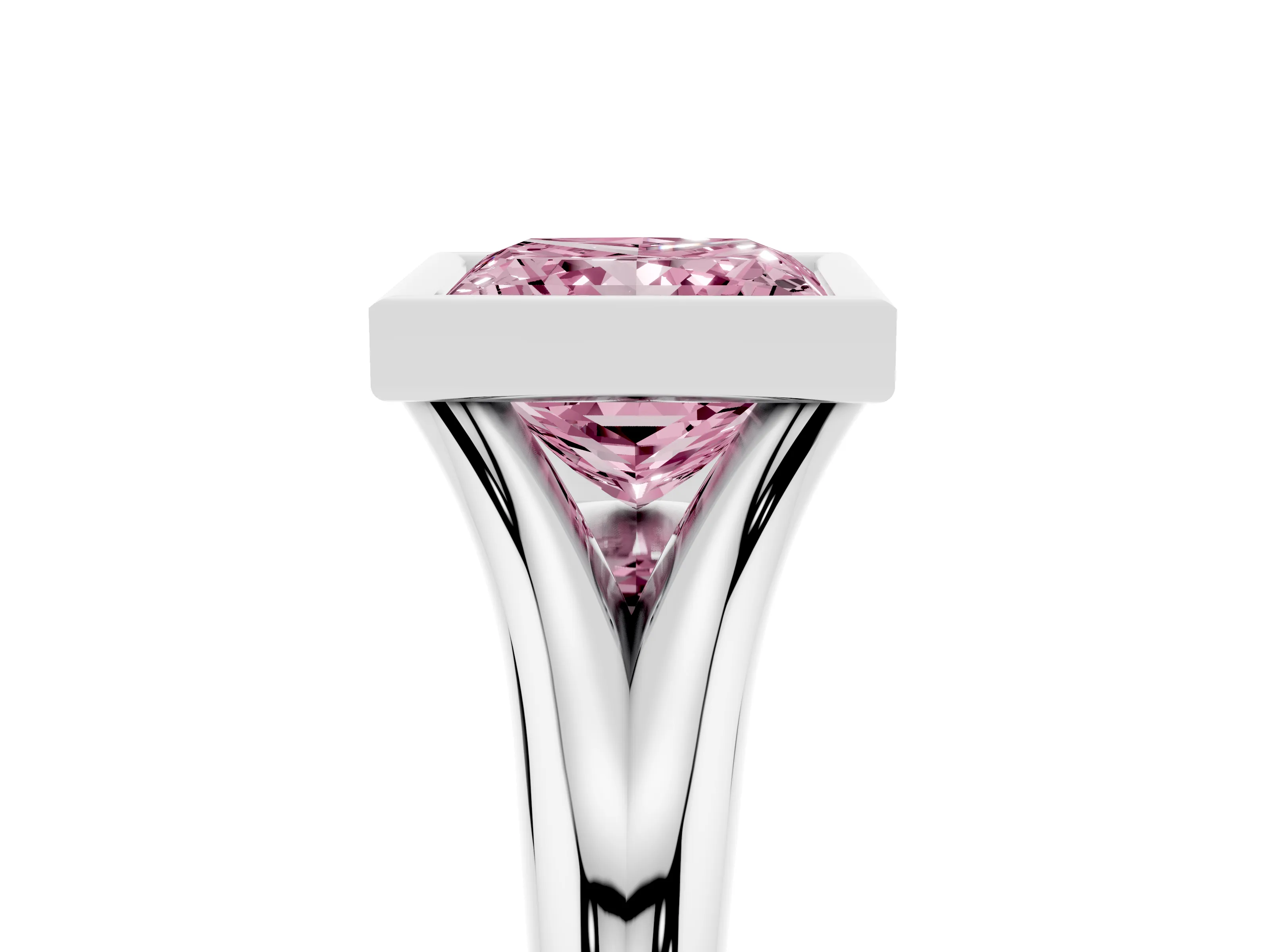 Fancy Pink Bezel Set Princess Cut Diamond Solitaire Ring Set in White gold with Smooth Band
