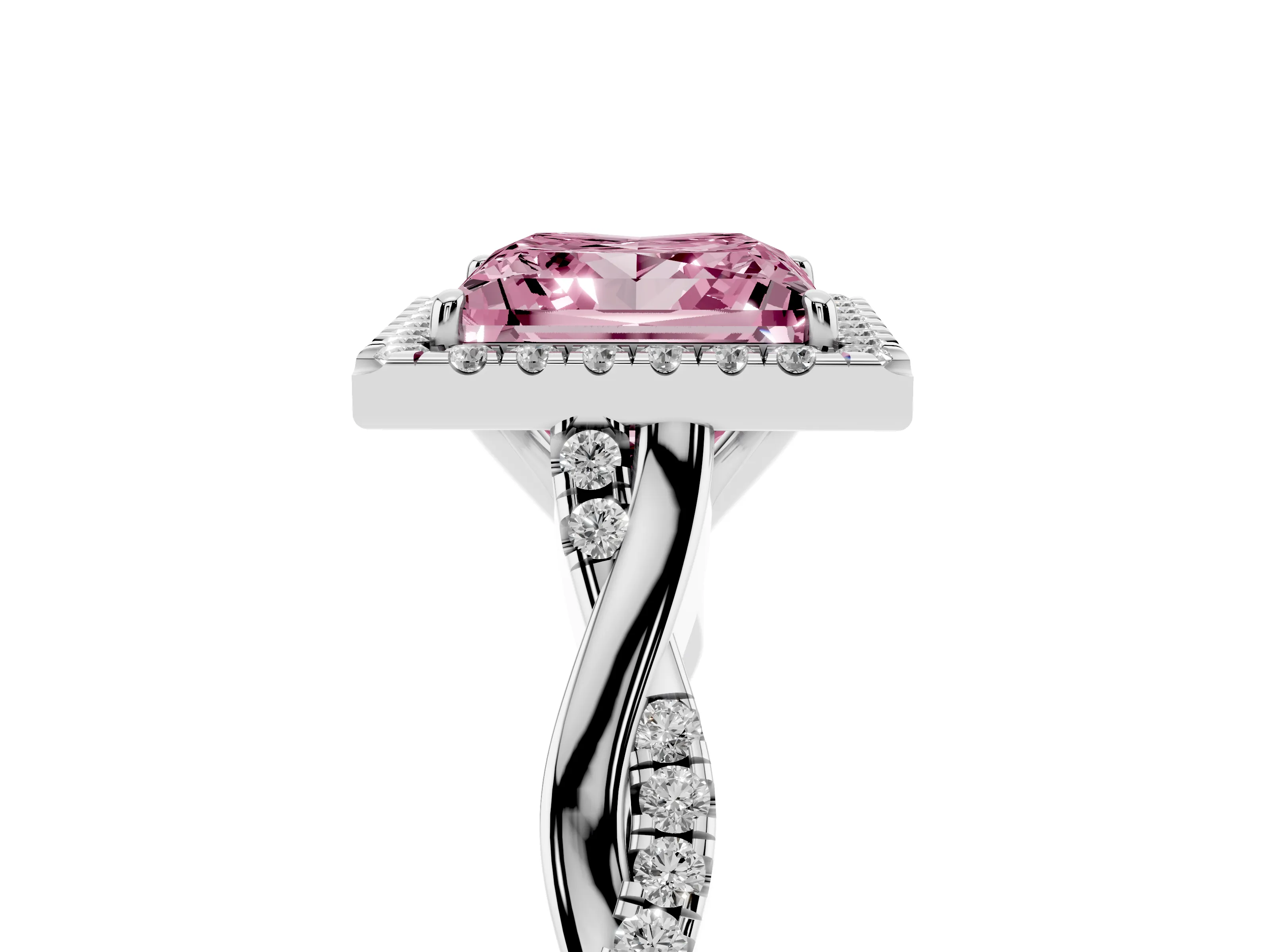 Fancy Pink Princess Cut Diamond Halo Twist Band Solitaire Ring Set in Platinum with Prong Setting