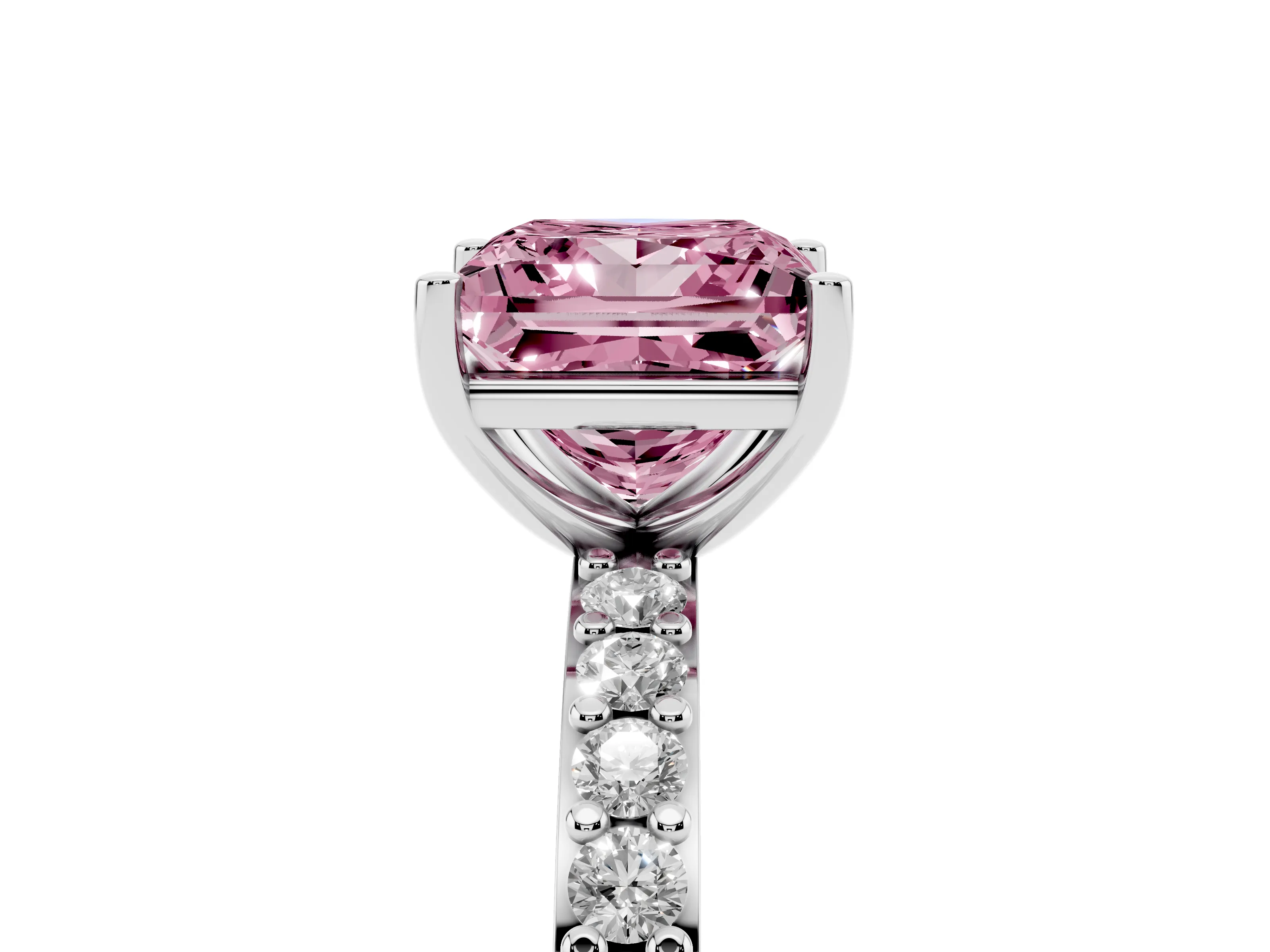 Fancy Pink Princess Cut Diamond Solitaire Set in White gold with Round Pavé Band and Prong Setting