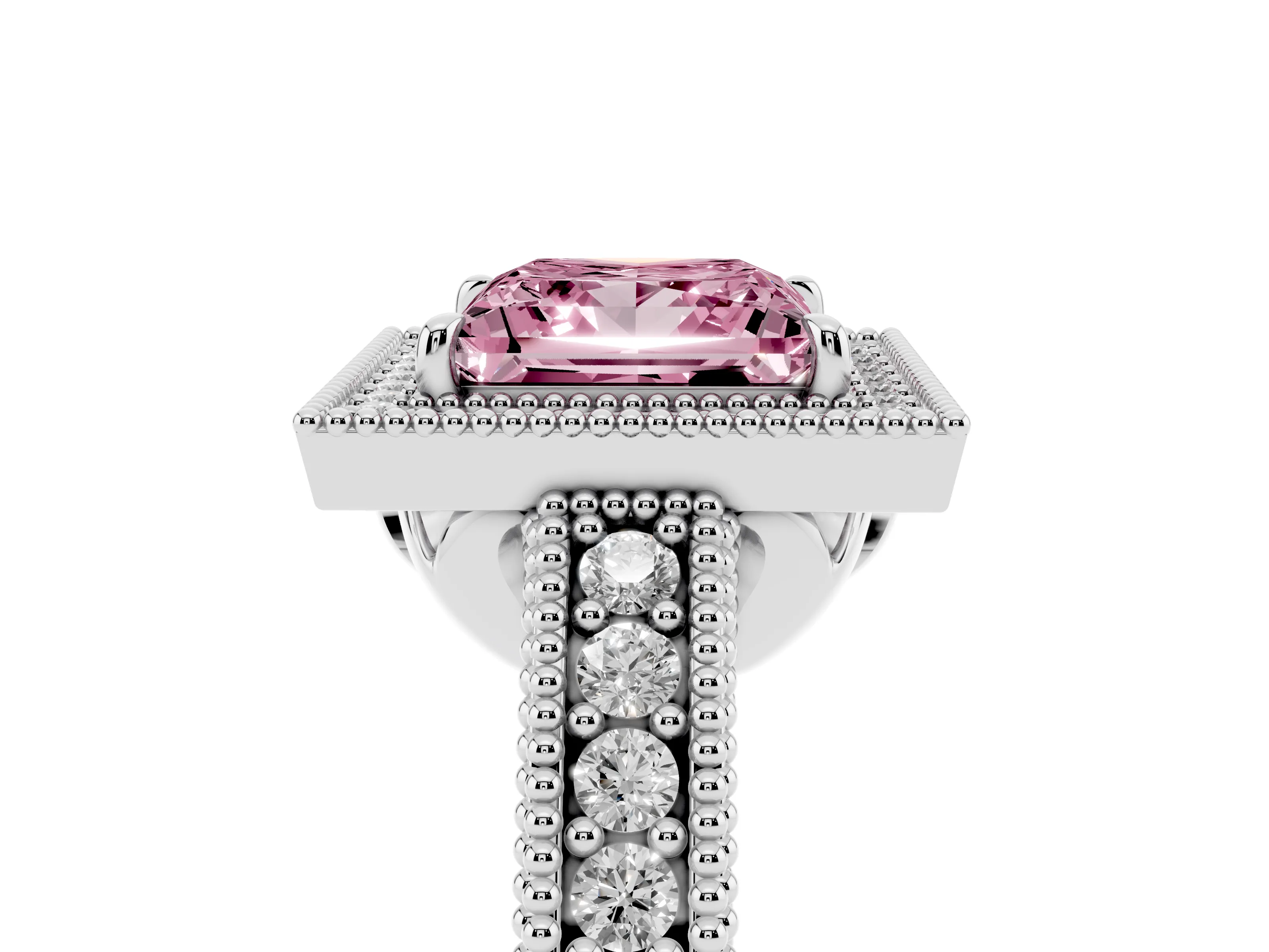 Fancy Pink Princess Cut Diamond Halo Ring Set in White gold with Round Accent Halo, Pavé Band and Prong Setting