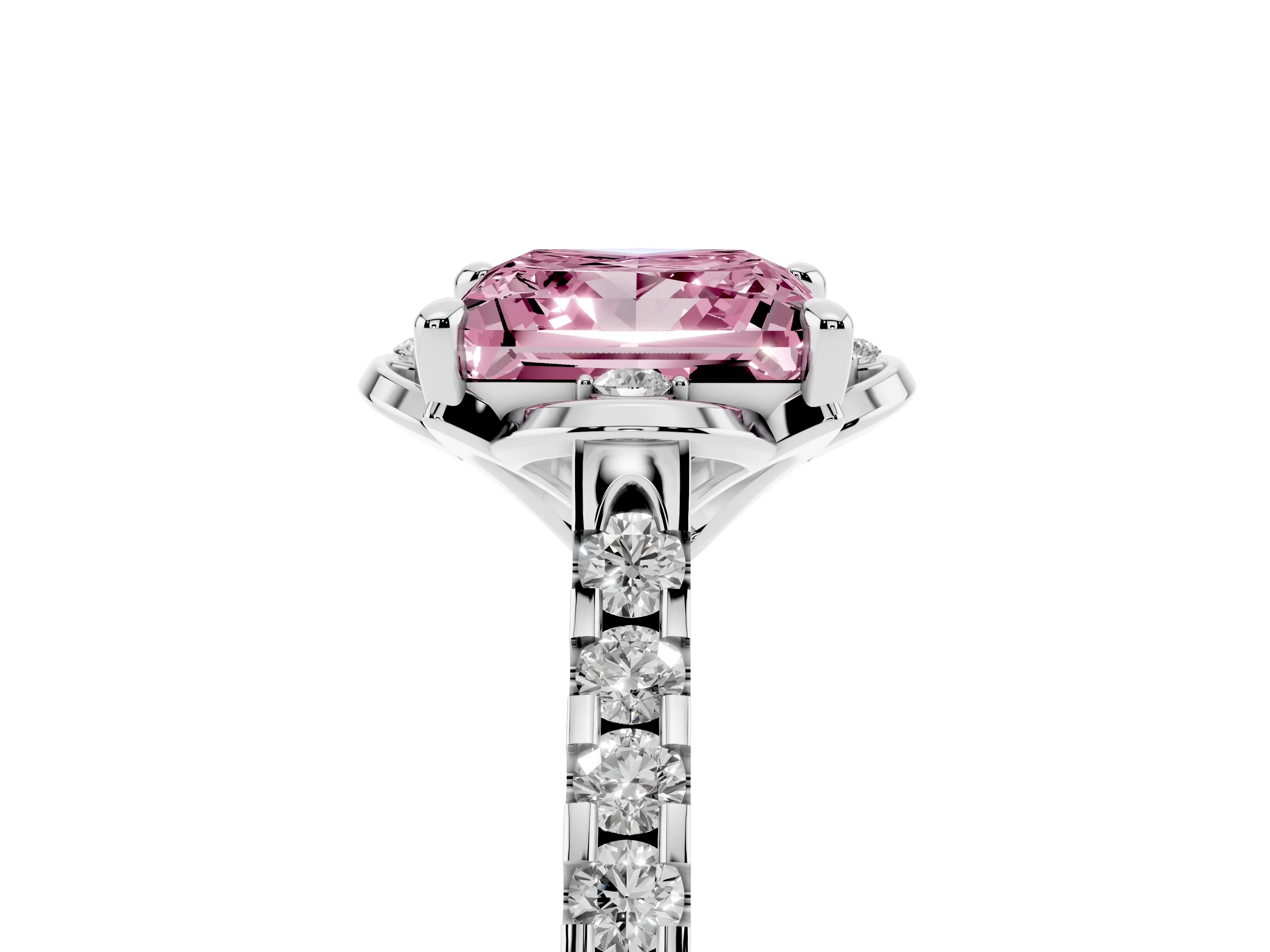 Fancy Pink Princess Cut Diamond Solitaire Ring Set in Silver with Pavé Band and Floral Prong Setting