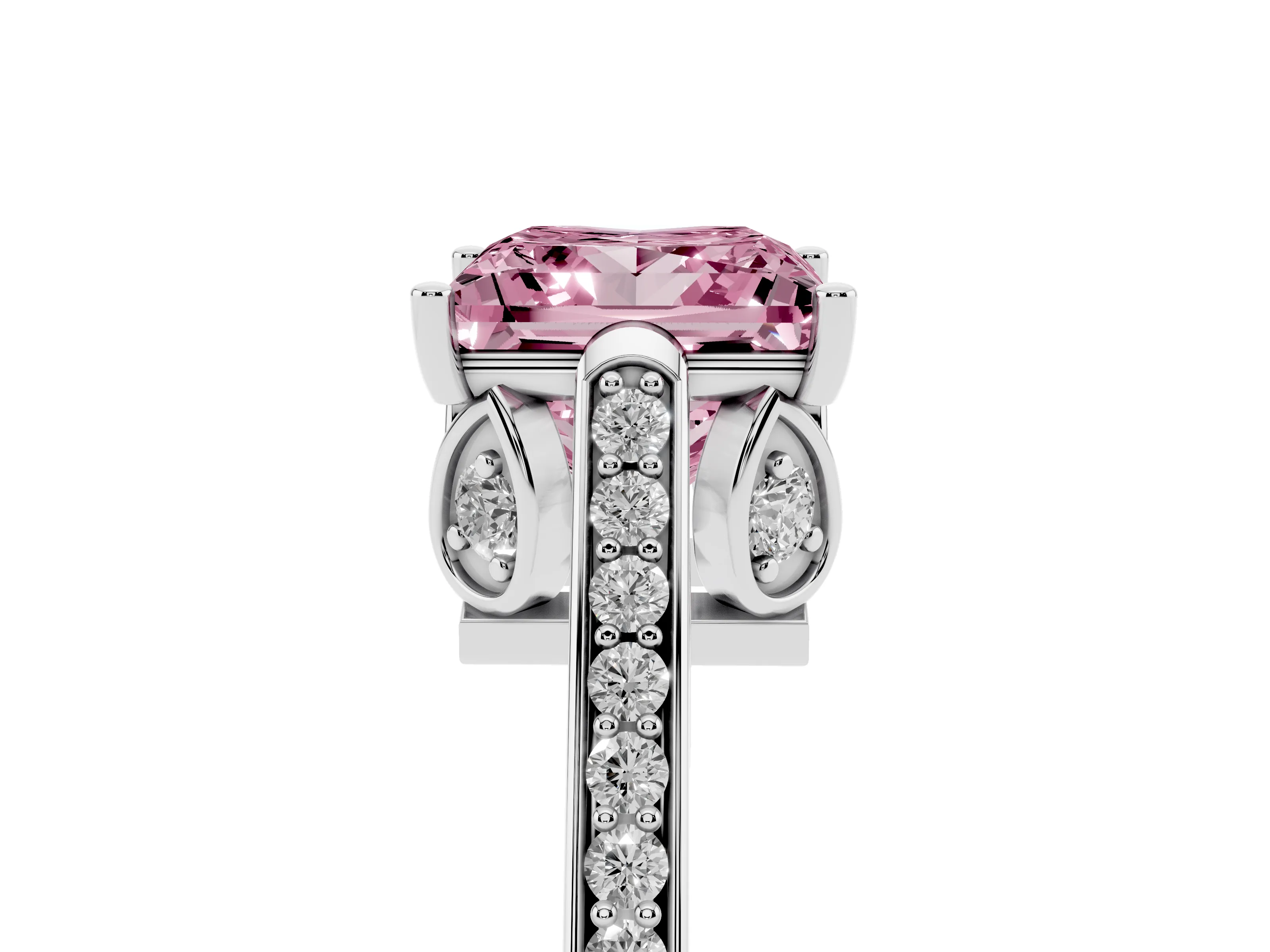 Fancy Pink Princess Cut Diamond Cathedral Pavé Engagement Ring Set in White gold with Prong Setting
