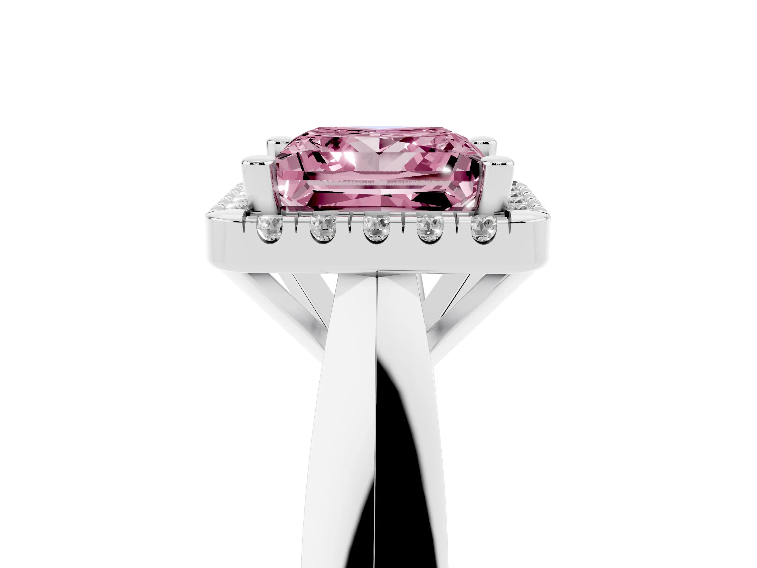 Fancy Pink Princess Cut Diamond Halo Solitaire Engagement Ring Set in White gold with Square Band and Prong Setting