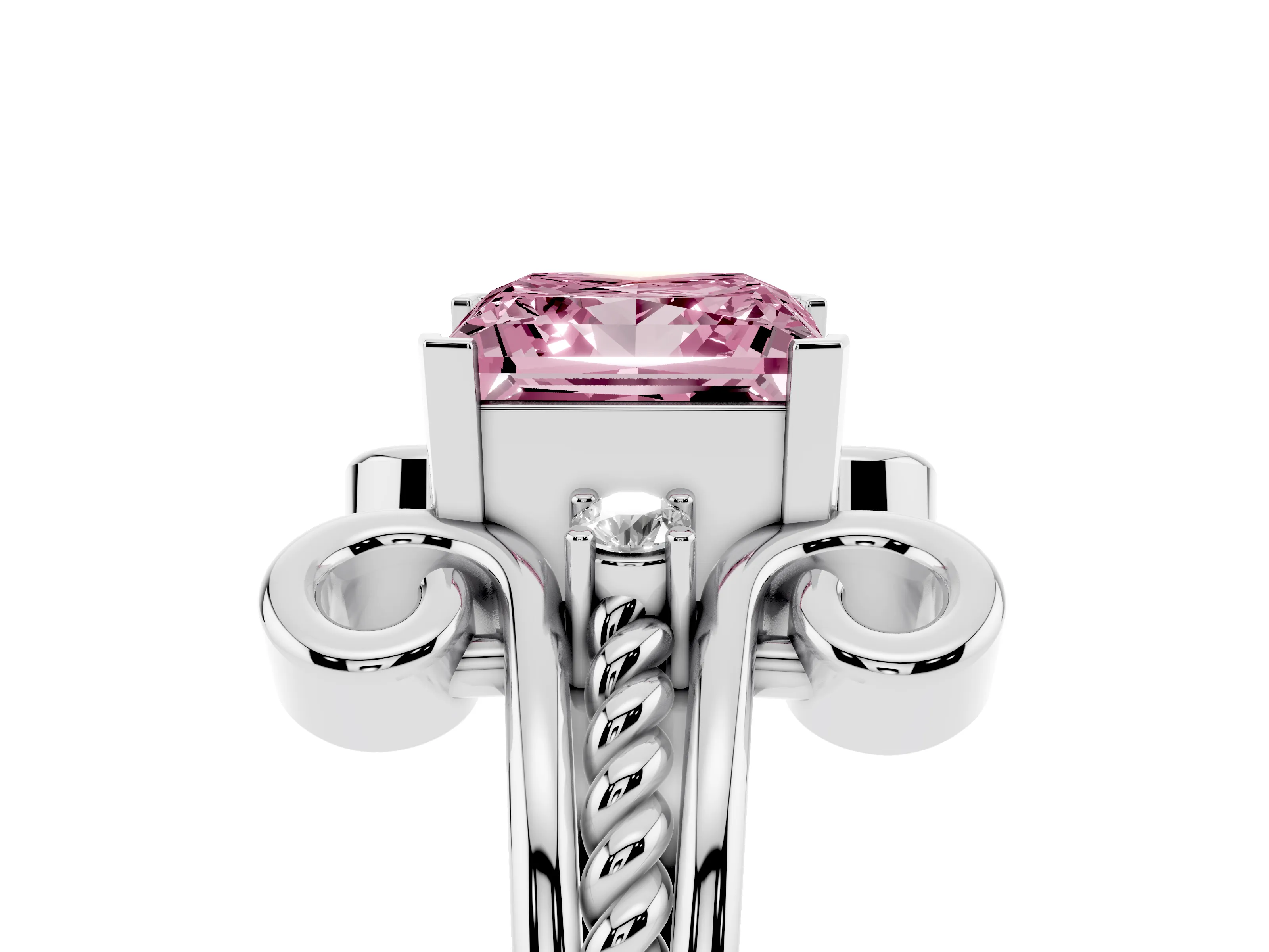 Fancy Pink Princess Cut Diamond Twisted Band Solitaire Ring Set in Platinum with Scroll Prongs