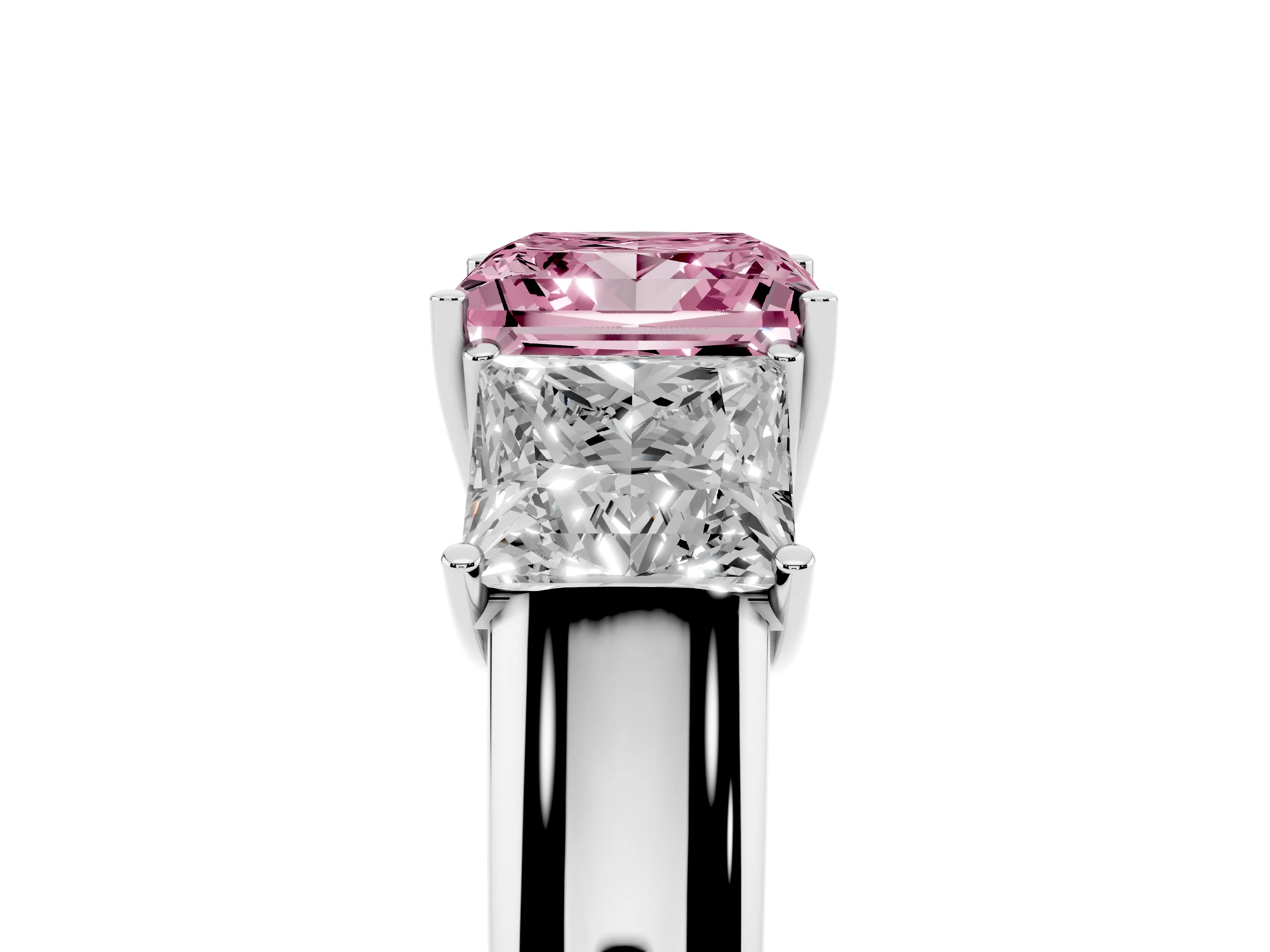 Fancy Pink Three-Stone Princess Cut Diamond Ring Set in Platinum with Matching Prong Settings and Plain Band