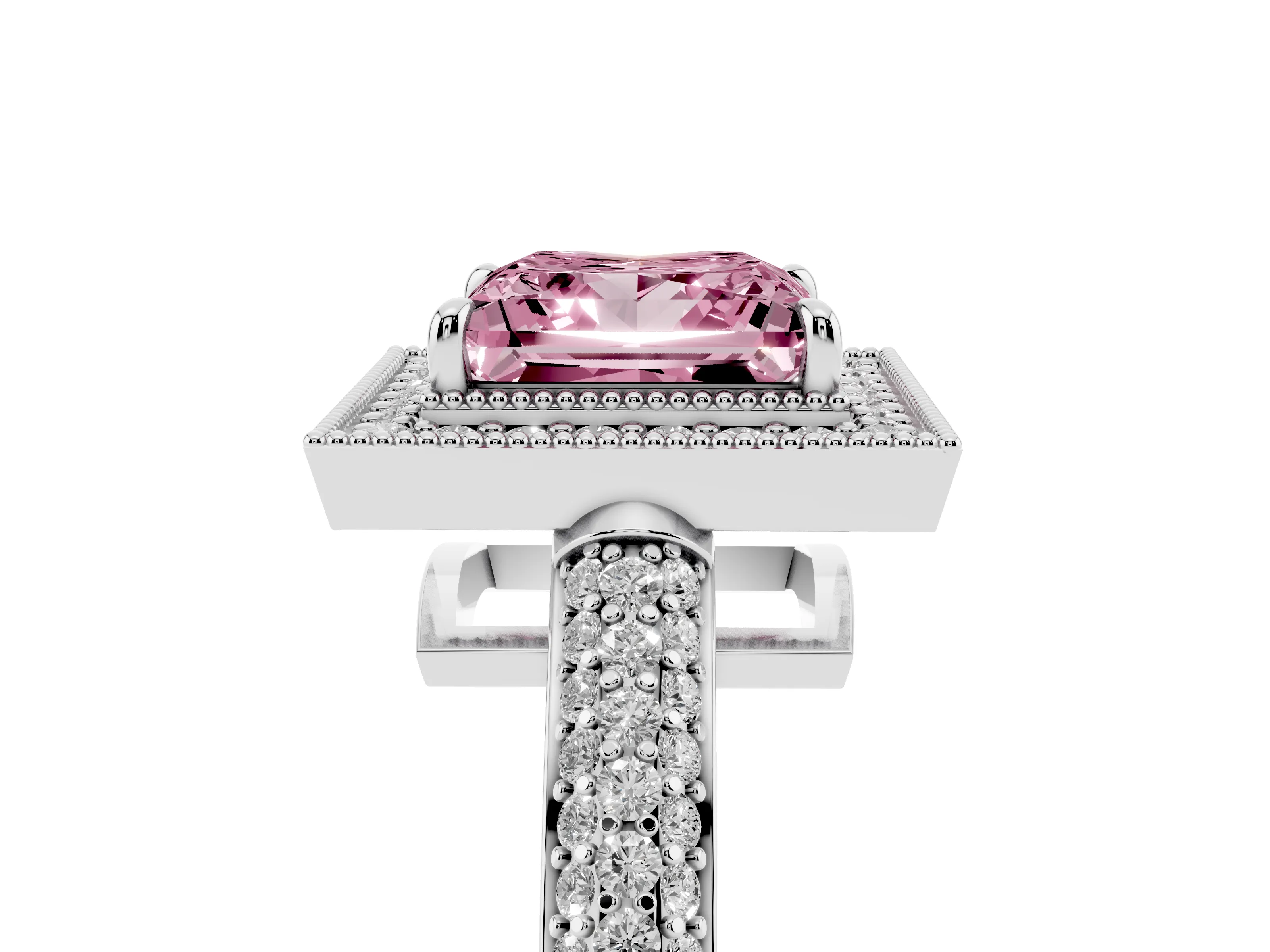 Fancy Pink Princess Cut Diamond Halo Pavé Band Set in White gold with Prong Setting