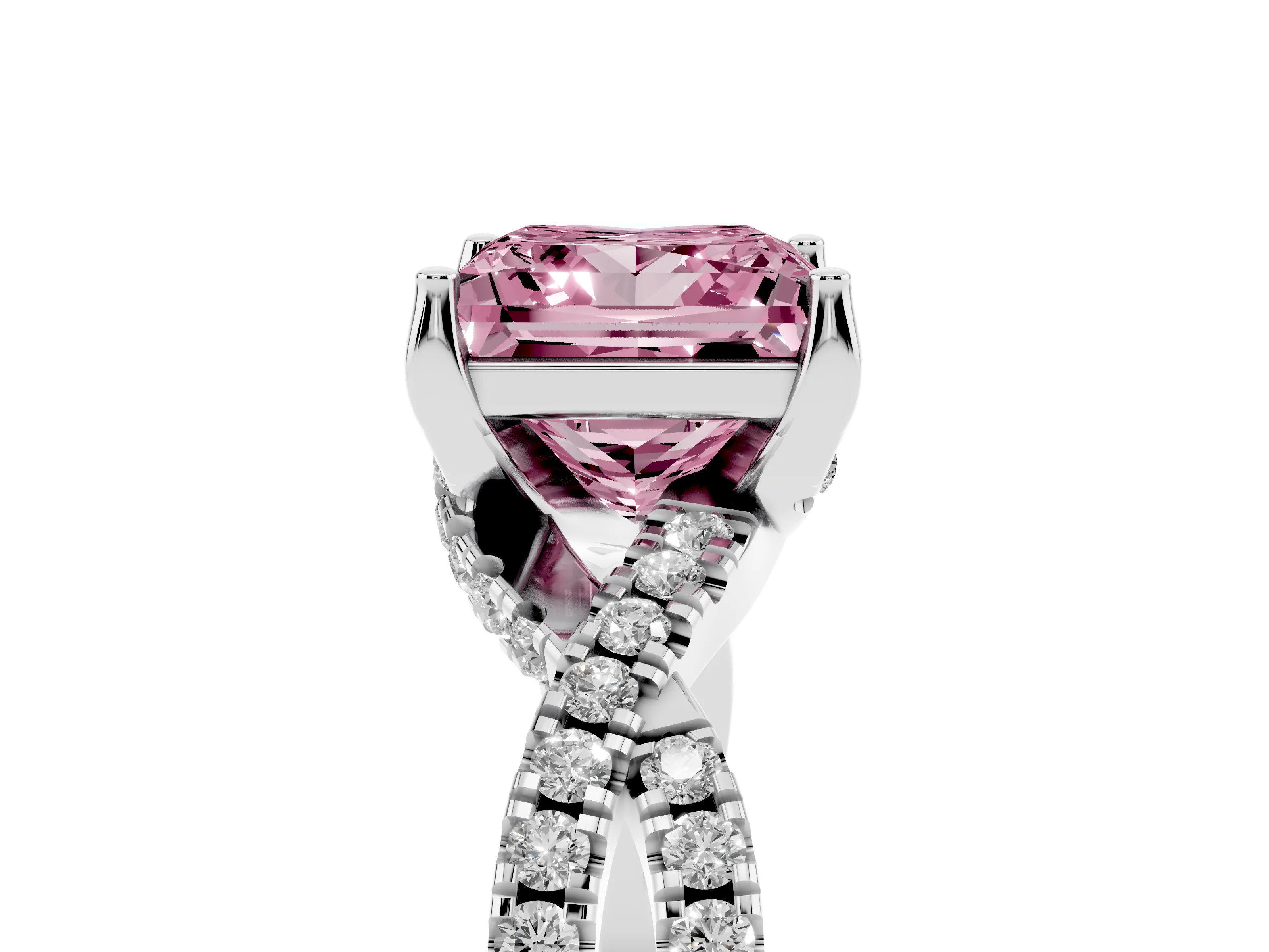 Fancy Pink Princess Cut Diamond Twist Pavé Solitaire Engagement Ring Set in Silver with Prong Setting