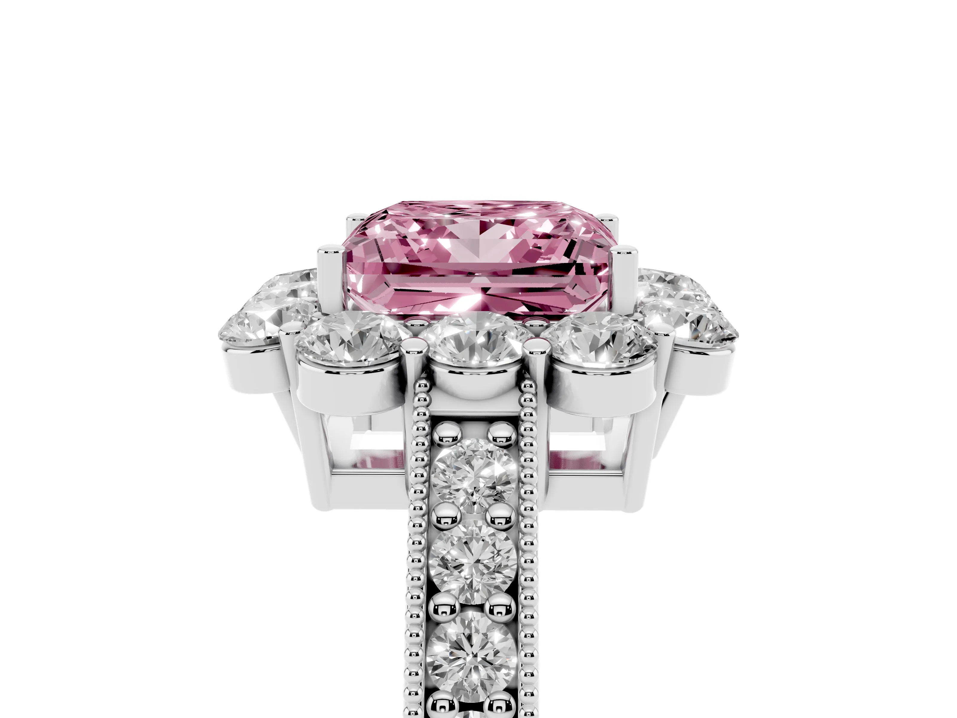Fancy Pink Princess Cut Diamond Halo Pavé Engagement Ring Set in White gold with Milgrain Detailing