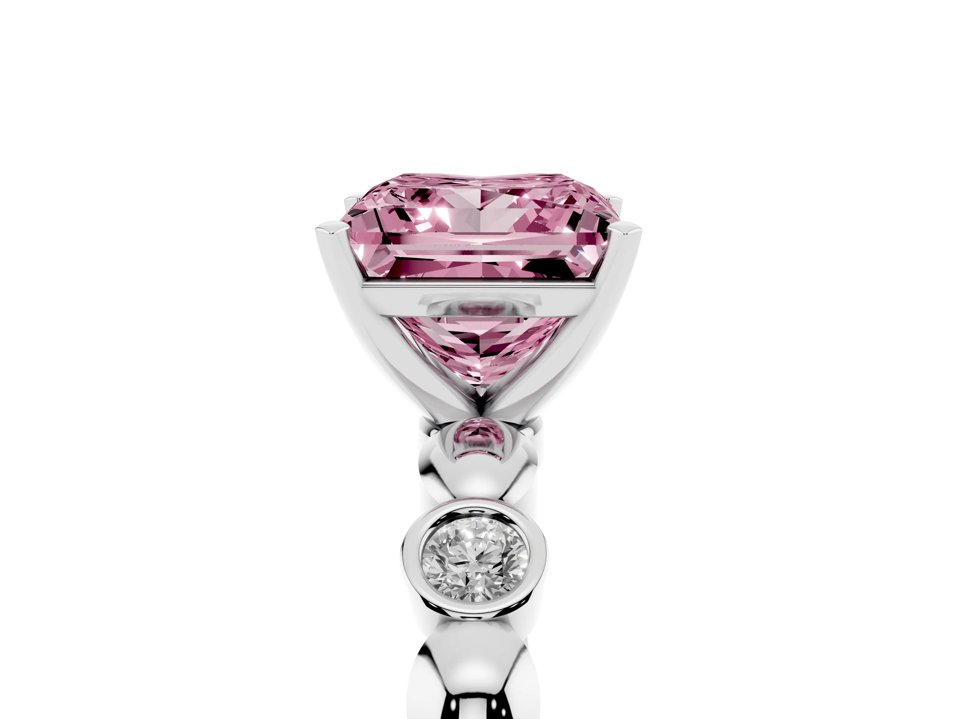 Fancy Pink Princess Cut Diamond Solitaire Ring Set in Silver with Bezel-Set Accents on Beaded Band and Prong Setting