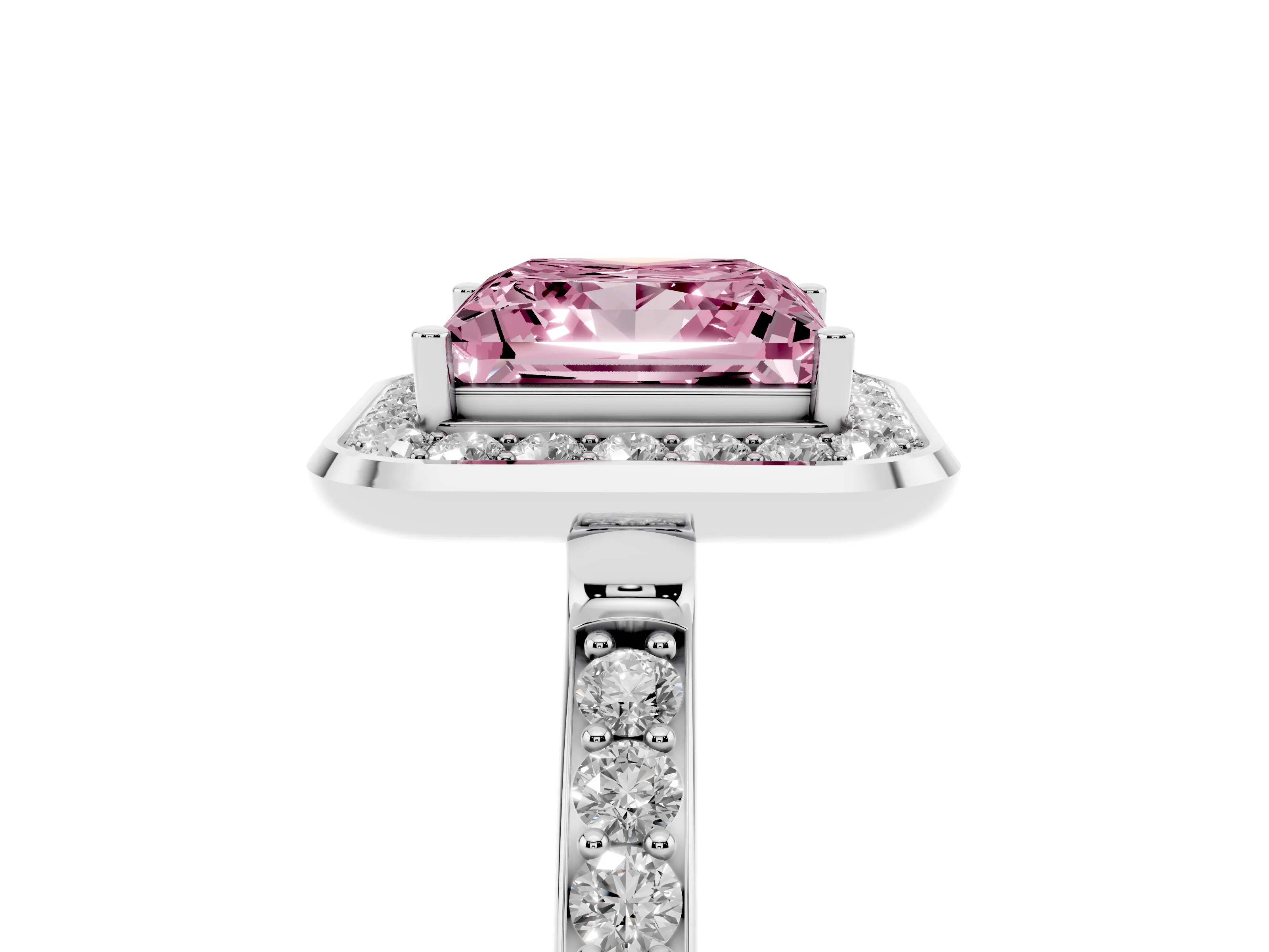 Fancy Pink Princess Cut Diamond Halo Ring Set in Silver with Bezel Frame and Pavé Band