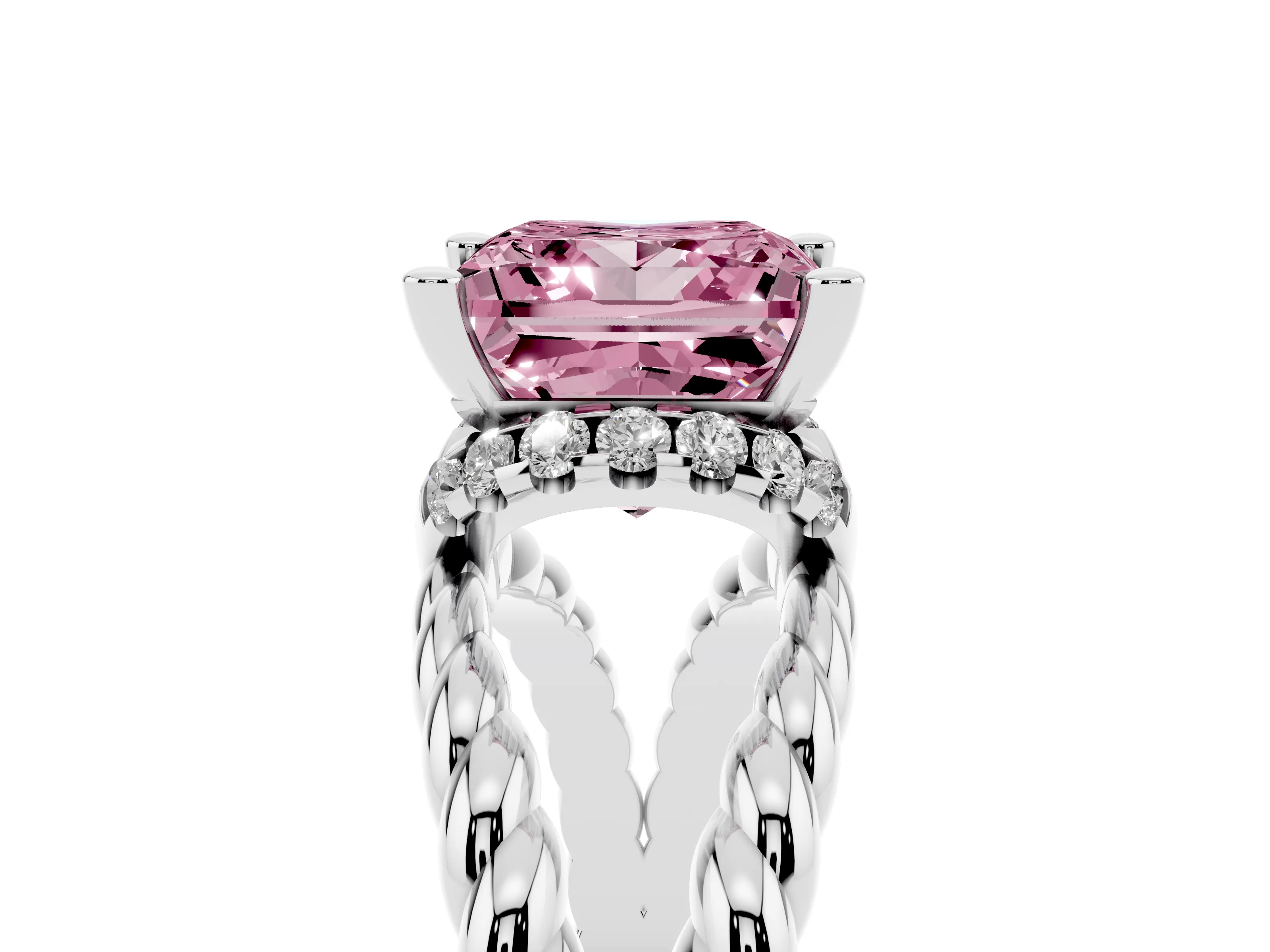Fancy Pink Princess Cut Diamond Halo Ring Set in White gold with Twisted Band and Prong Setting