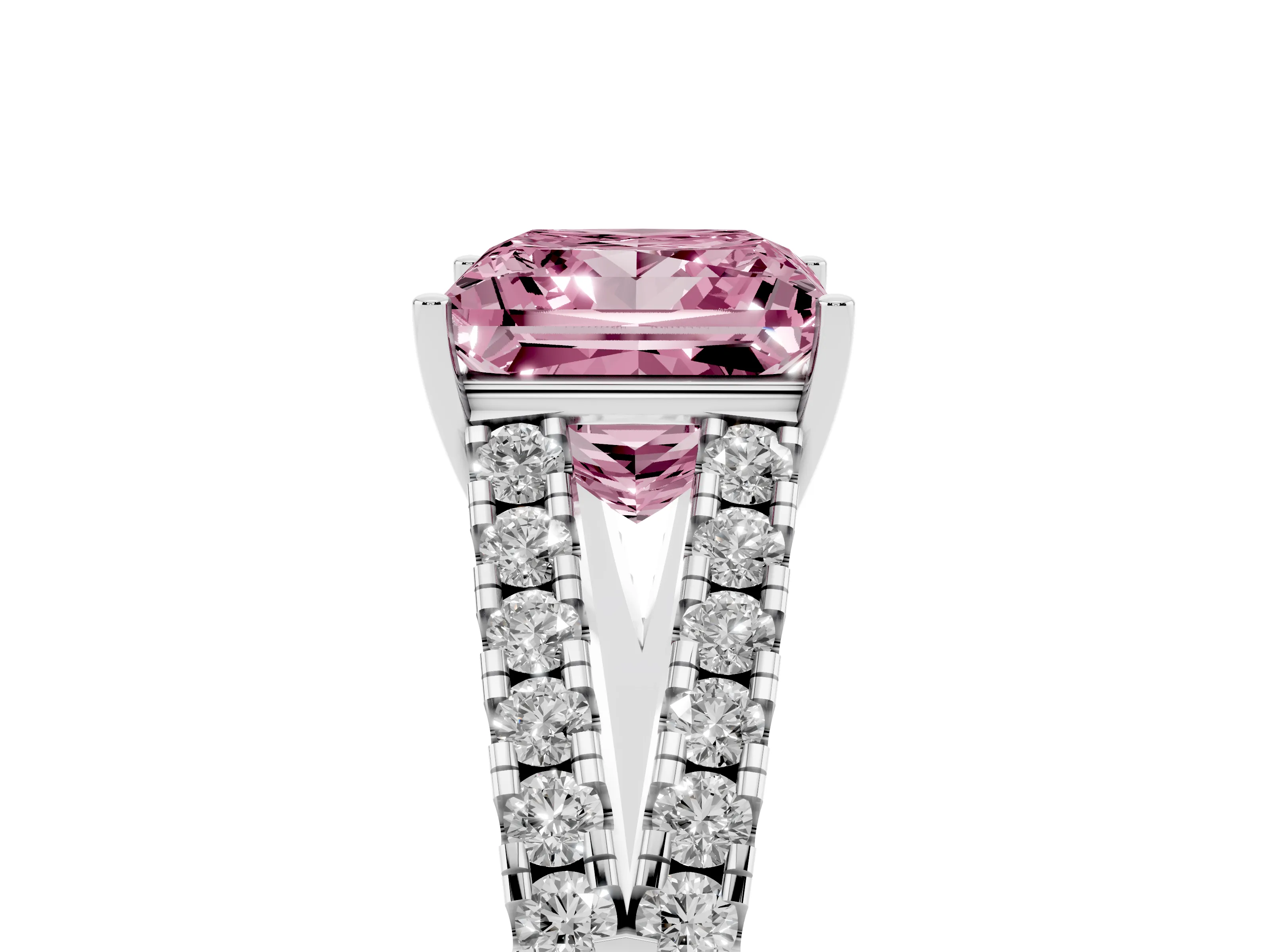 Fancy Pink Princess Cut Diamond Split Shank Pavé Engagement Ring Set in Platinum with Prong-Held Center Stone