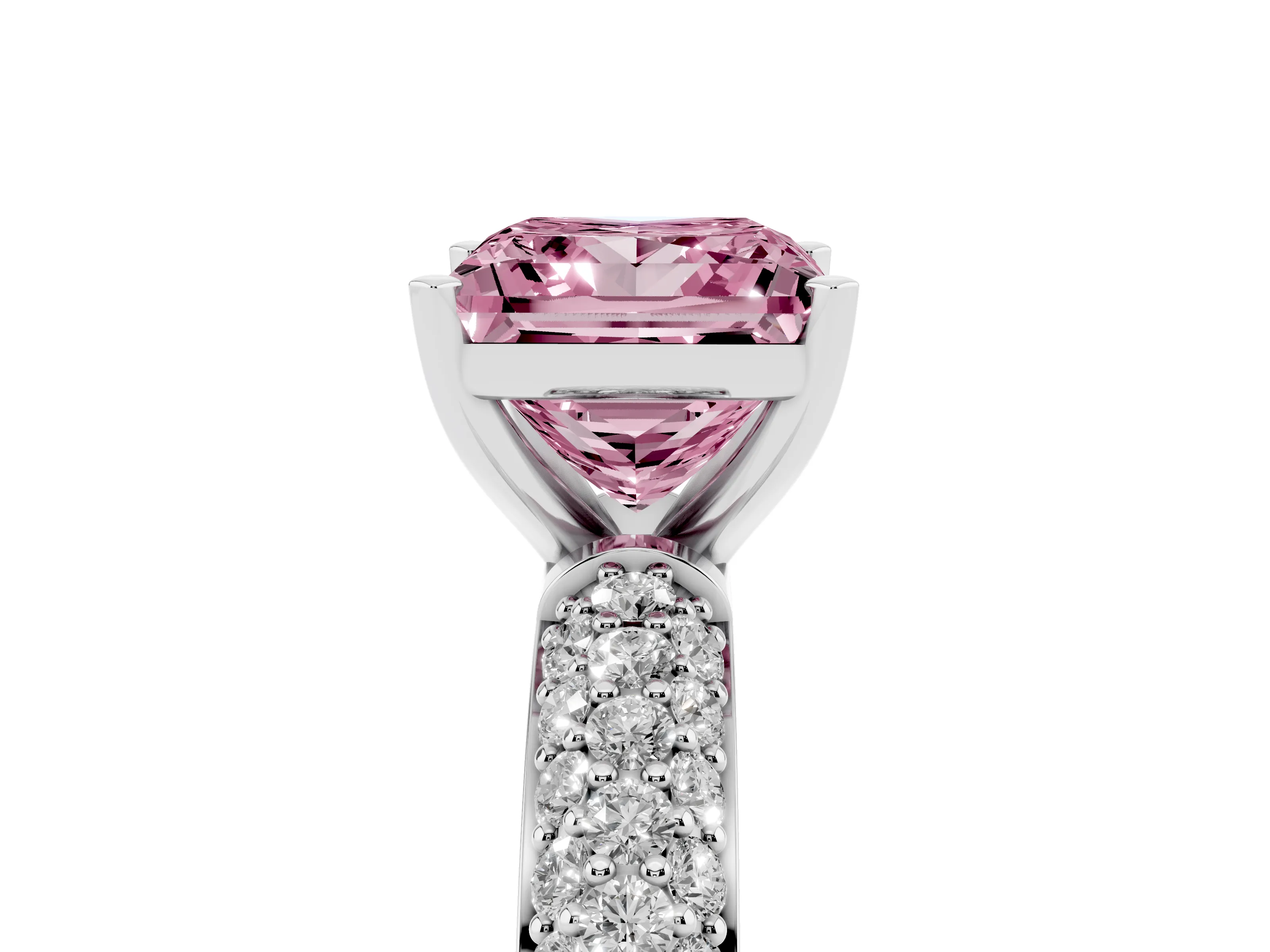 Fancy Pink Princess Cut Diamond Solitaire Ring Set in Silver with Prong Setting and Pavé-Set Band