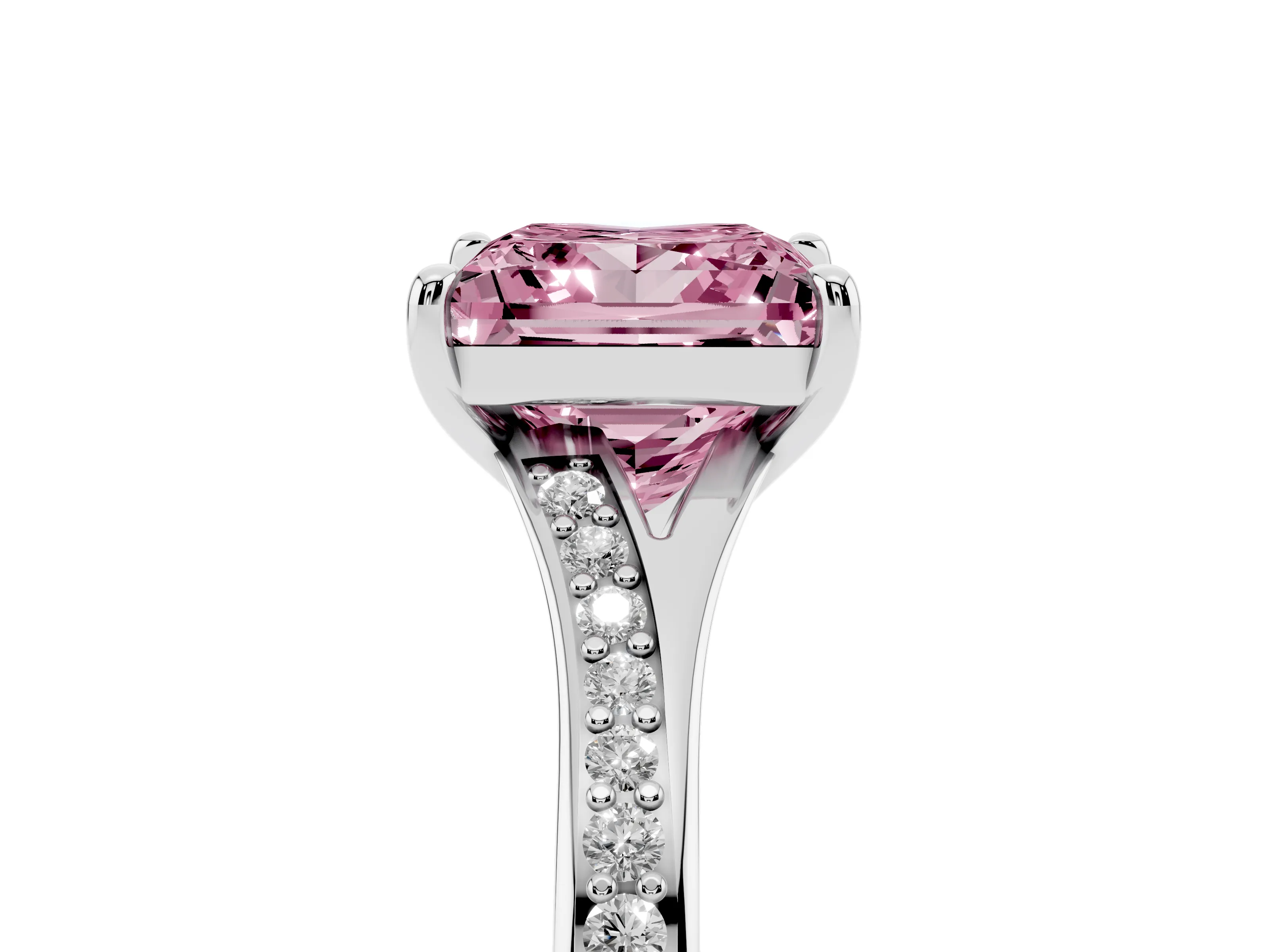 Fancy Pink Princess Cut Diamond Solitaire Ring Set in Platinum with Pavé Accent Band and Classic Prong Setting