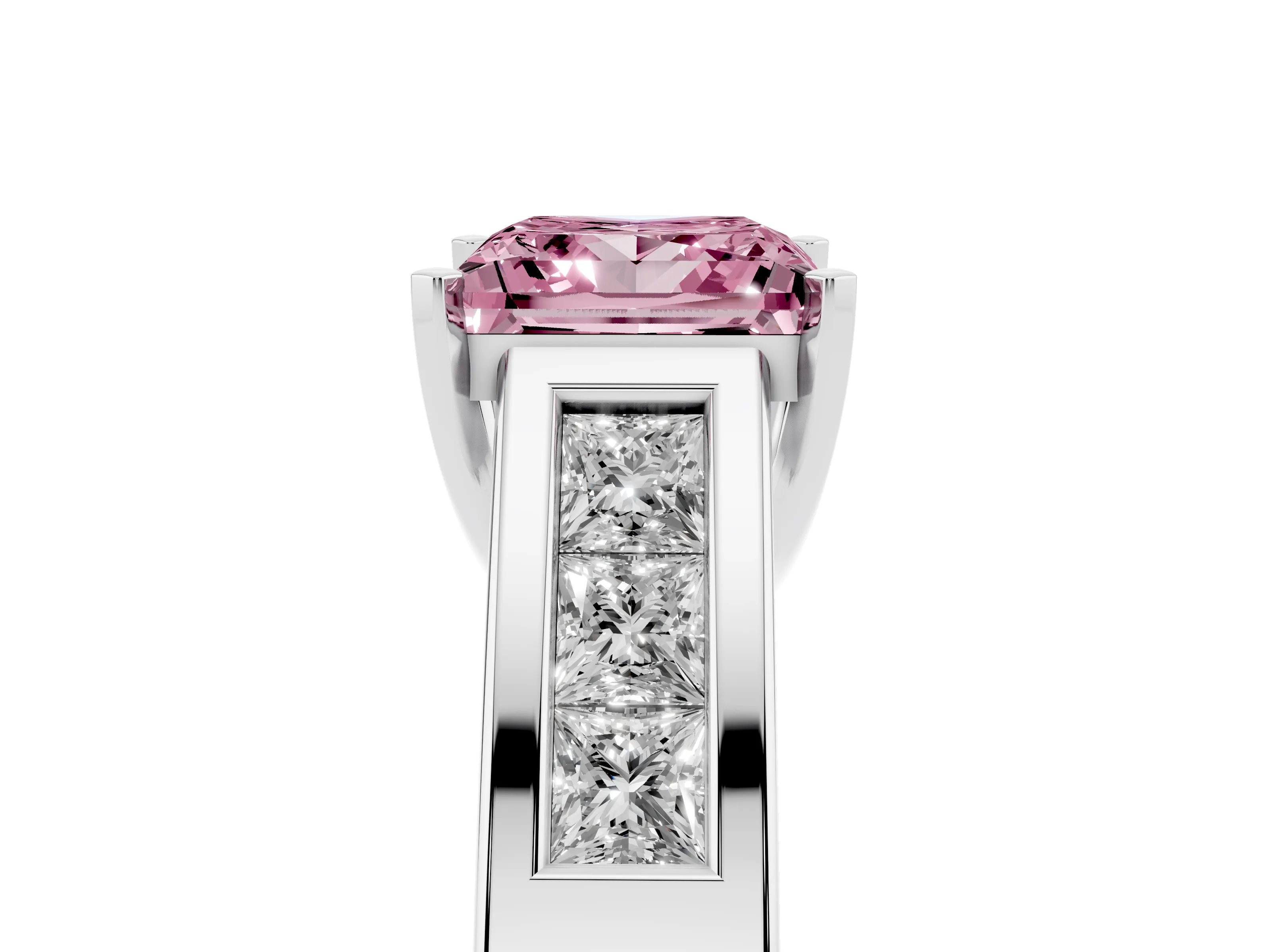 Fancy Pink Princess Cut Diamond Solitaire Ring Set in Silver with Channel-Set Accent Stones and Prong Setting