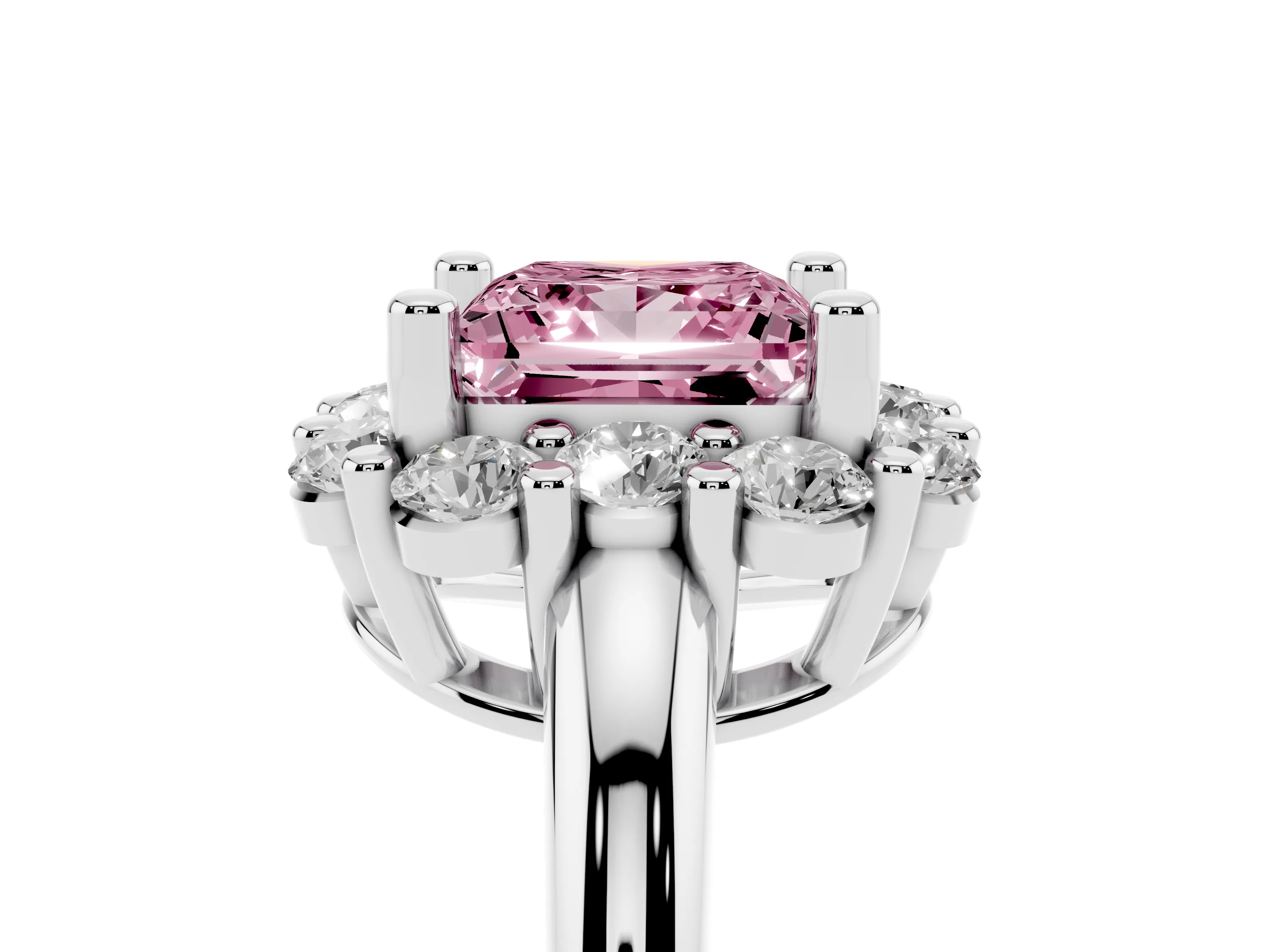 Fancy Pink Princess Cut Diamond Halo Cluster Engagement Ring Set in White gold with Polished Band and Prong Setting