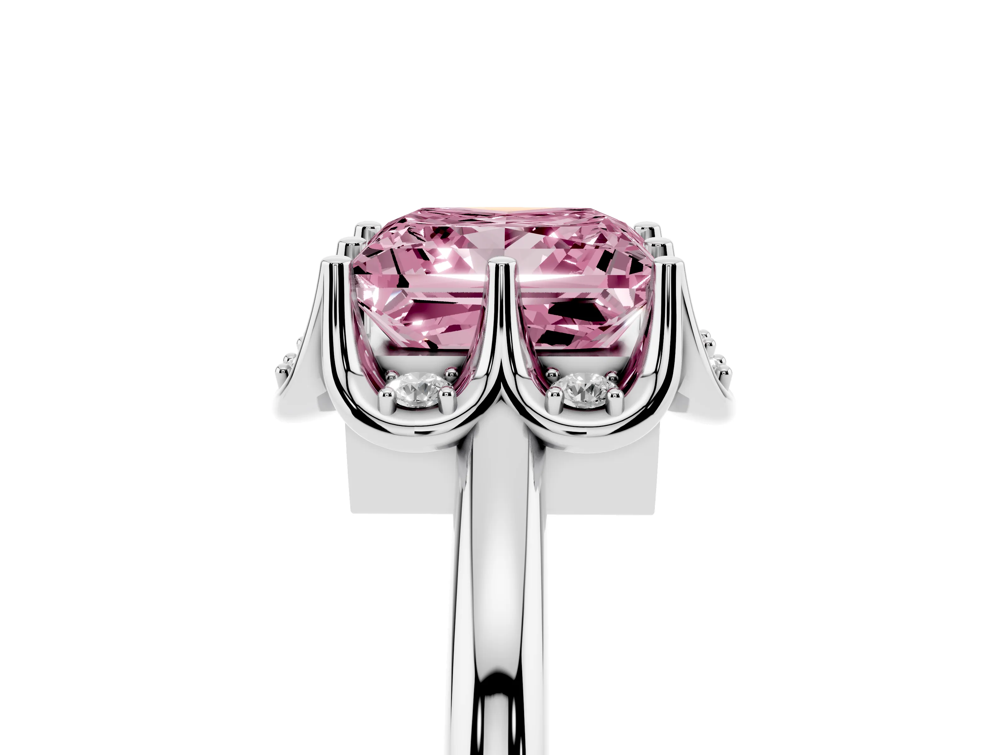 Fancy Pink Princess Cut Diamond Round Cluster Halo Ring Set in Silver with Solitaire Band and Prong Setting