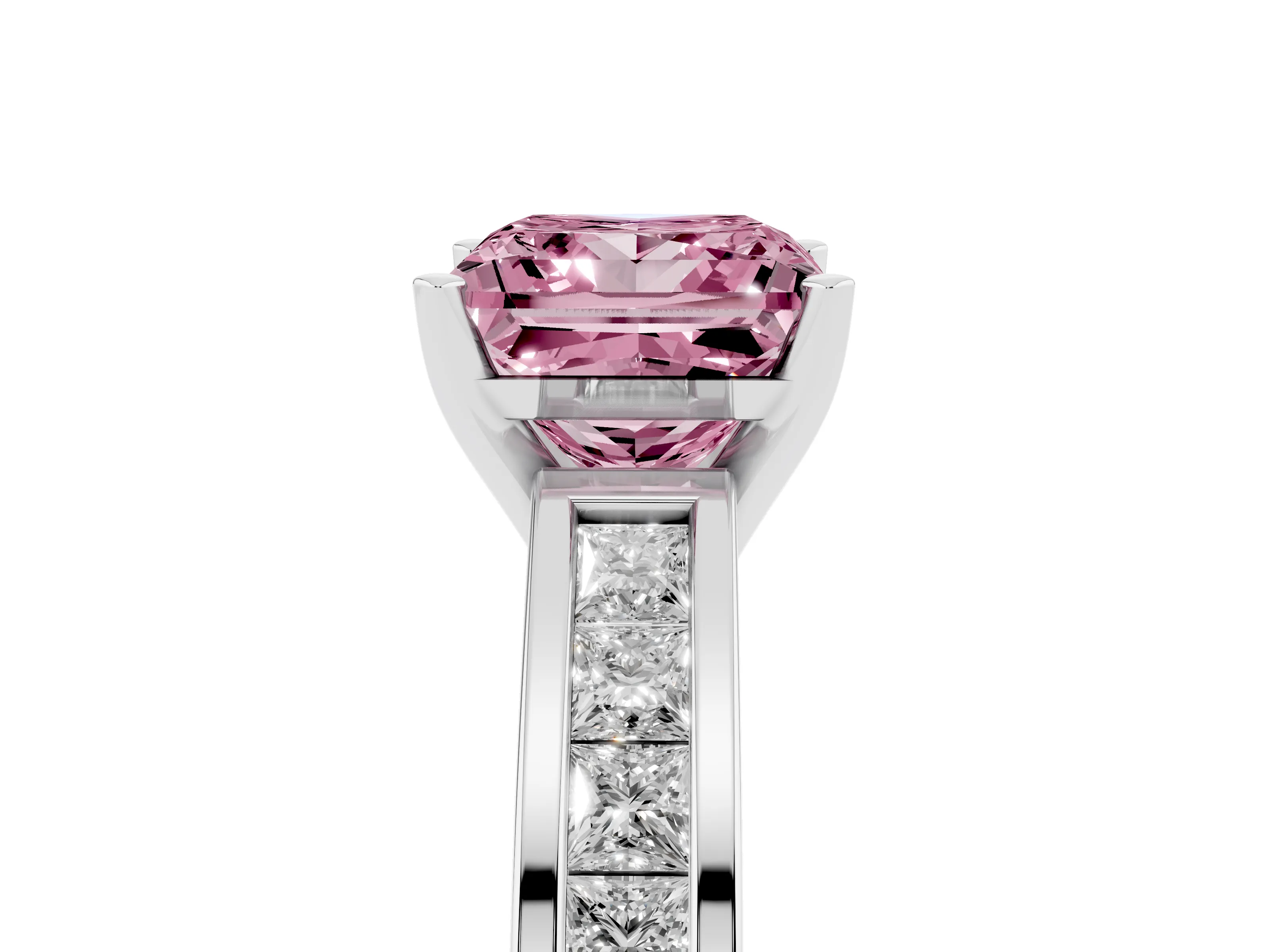 Fancy Pink Princess Cut Diamond Solitaire Ring Set in Silver with Channel-Set Band and Prong Setting