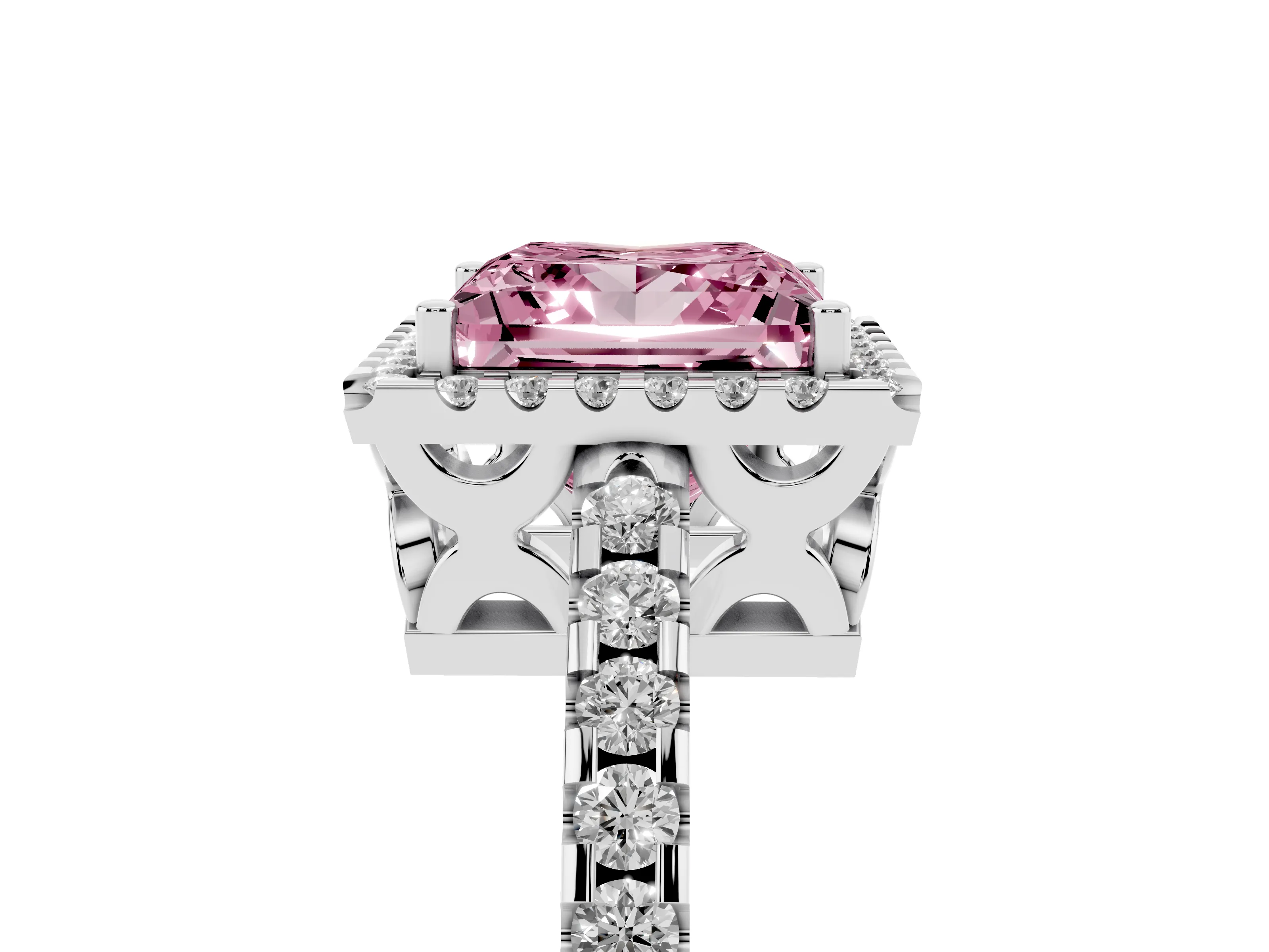 Fancy Pink Princess Cut Diamond Halo Ring Set in White gold with Pavé Shoulders and Halo-Framed Center