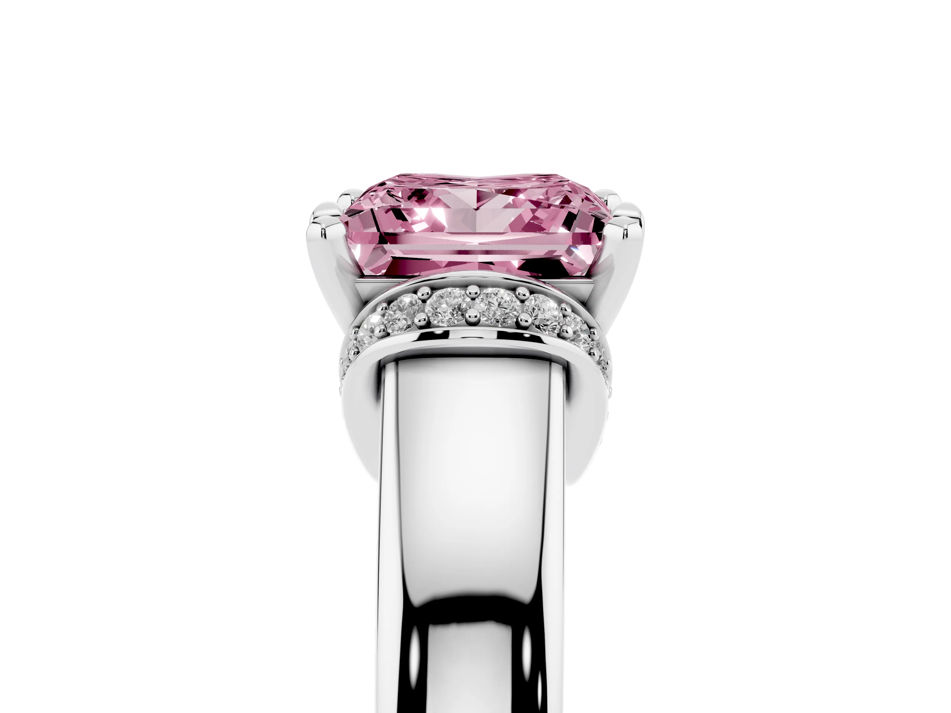 Fancy Pink Princess Cut Diamond Pavé Band Solitaire Ring Set in Platinum with Prong Setting