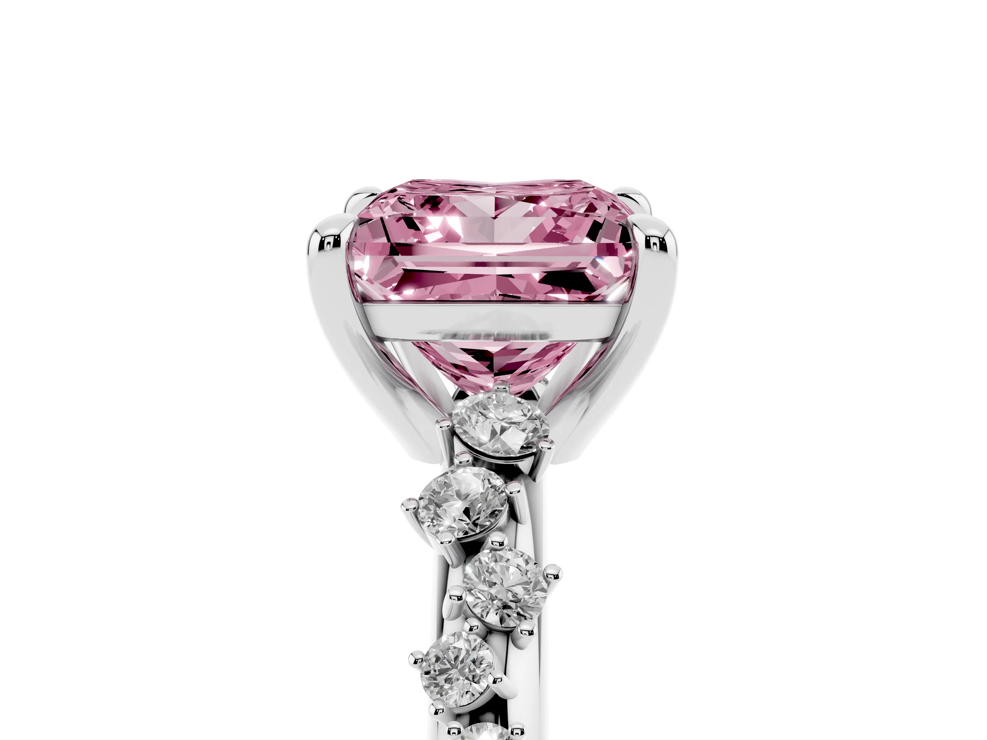 Fancy Pink Princess Cut Diamond Solitaire Vine Band Ring Set in Platinum with Round Accents and Prong Setting