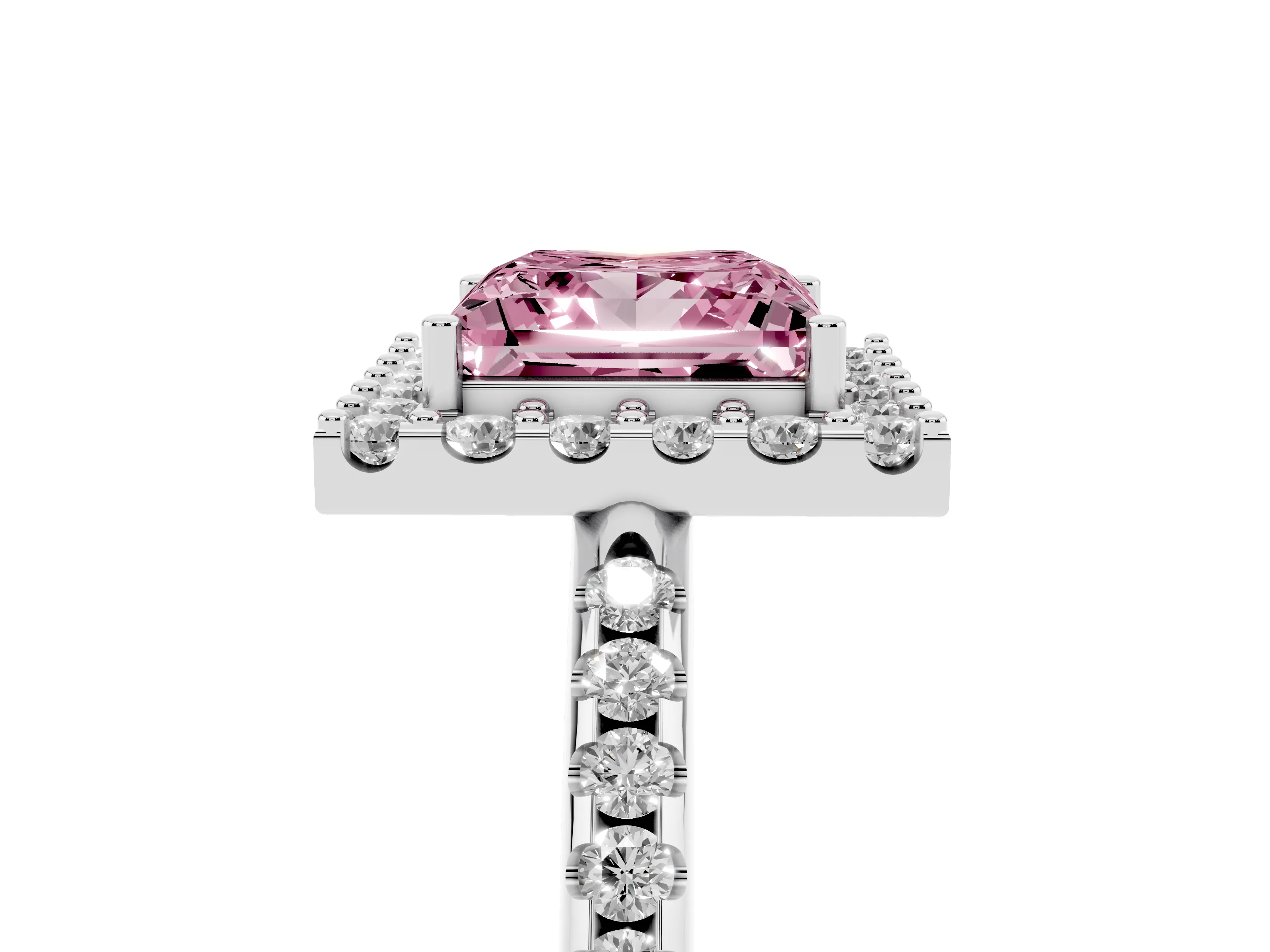 Fancy Pink Princess Cut Diamond Pavé Halo Ring Set in Platinum with Prong Setting