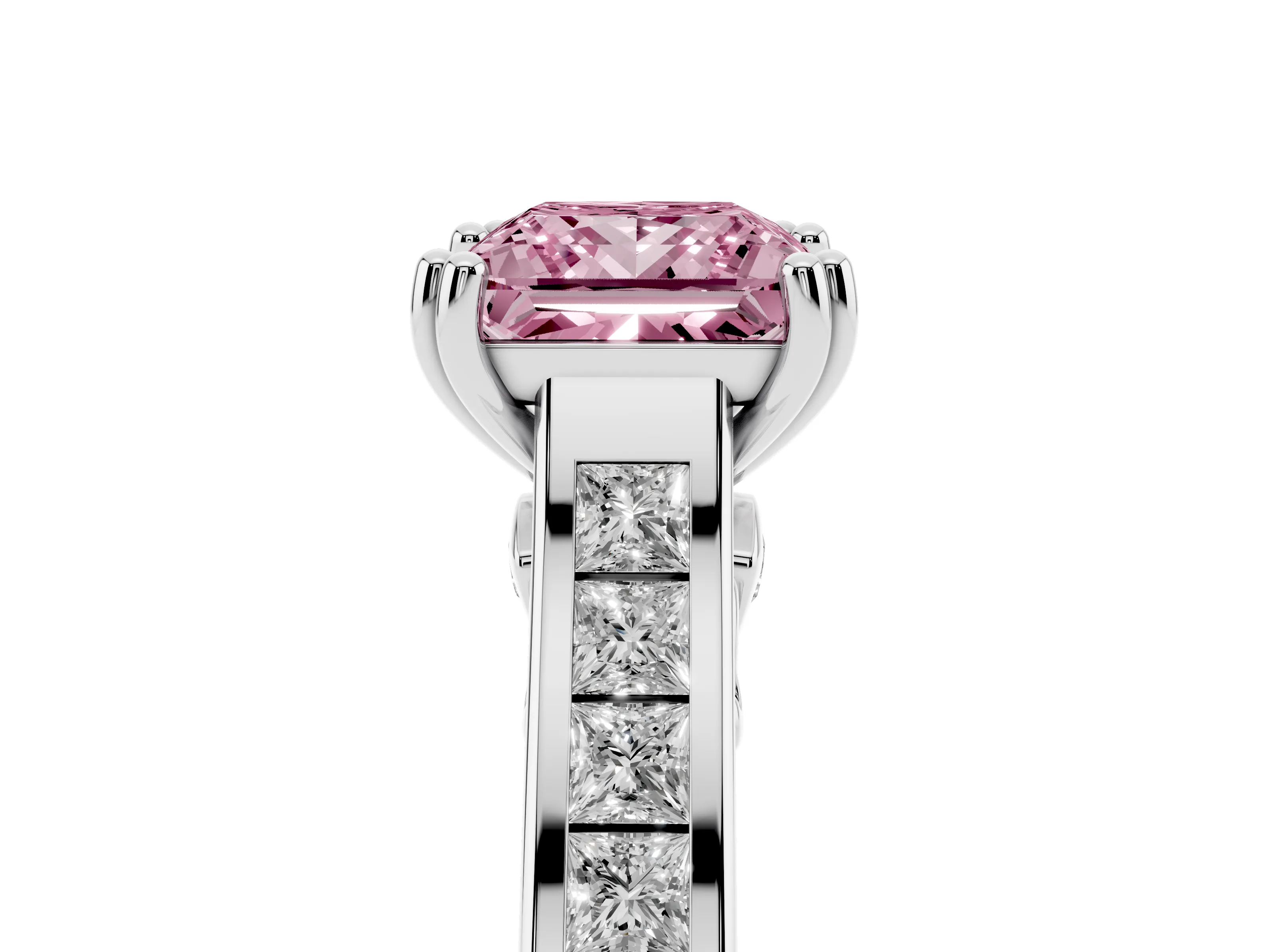 Fancy Pink Princess Cut Diamond Channel Set Solitaire Engagement Ring Set in Silver with Prong Setting