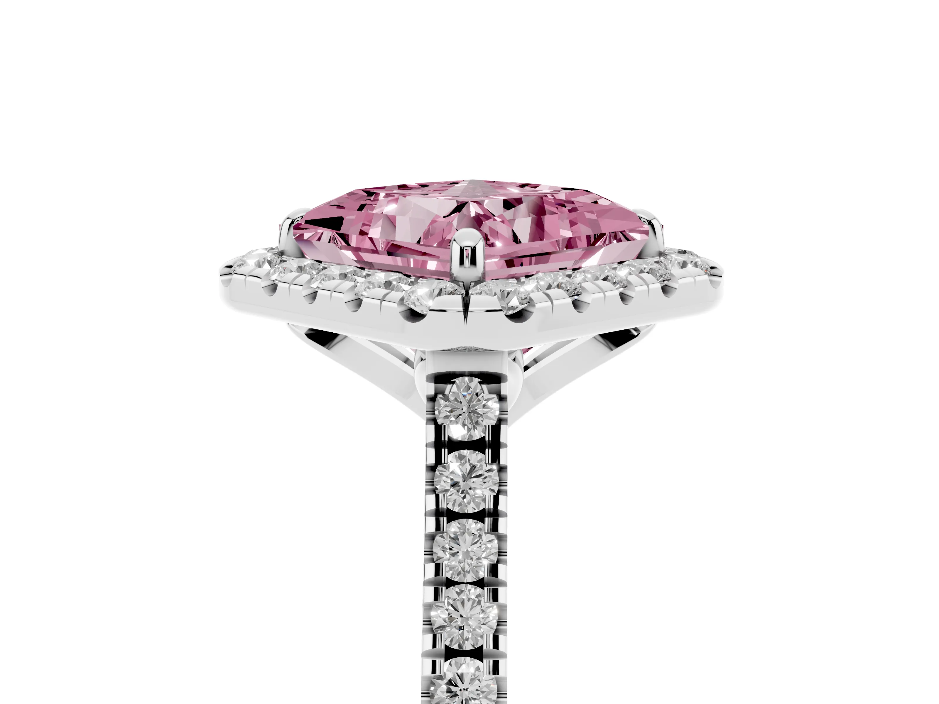 Fancy Pink Princess Cut Diamond Cushion Halo Ring Set in White gold with Pavé Band