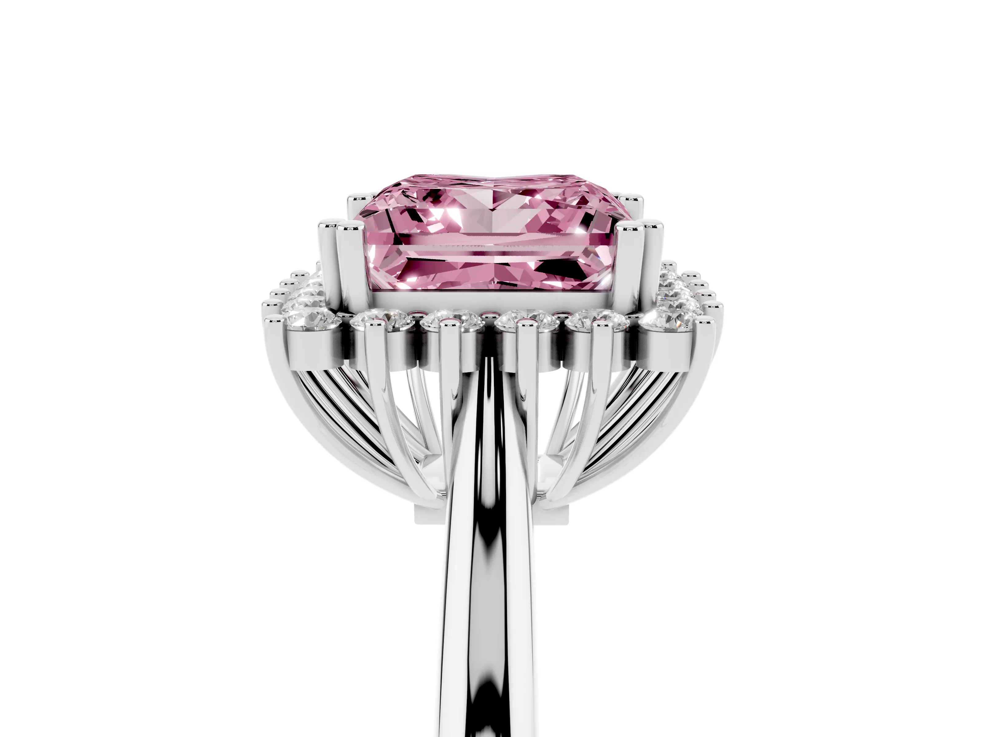 Fancy Pink Princess Cut Diamond Halo Ring Set in Platinum with Plain Solitaire Band and Prong Setting