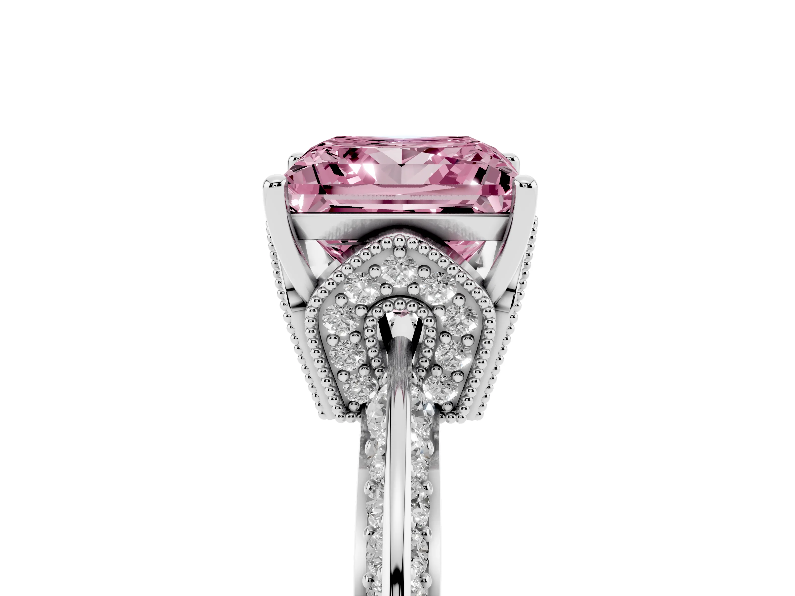 Fancy Pink Princess Cut Diamond Solitaire Engagement Ring Set in White gold with Pavé Split Shank and Prong Setting