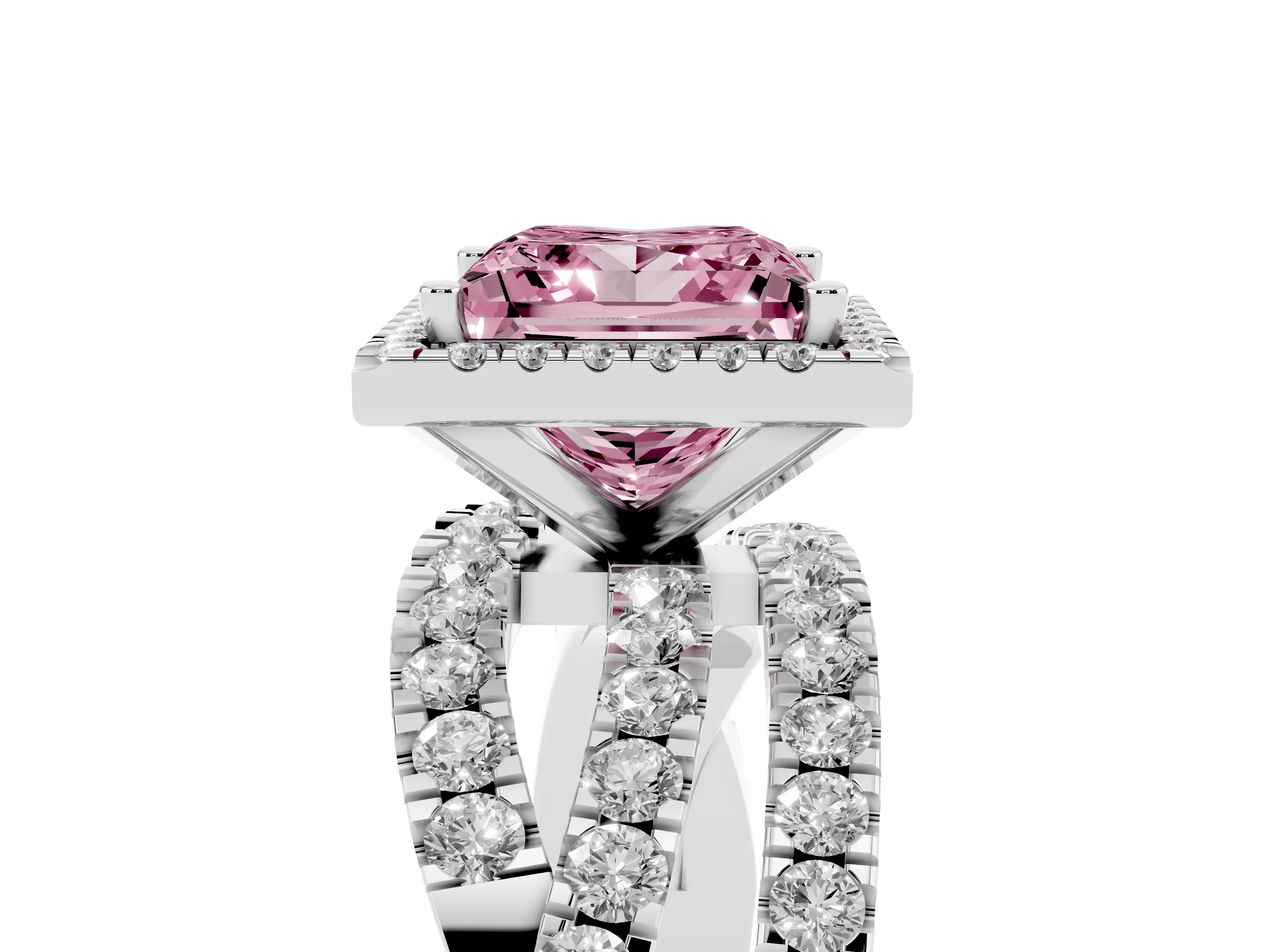 Fancy Pink Princess Cut Diamond Halo Ring Set in Silver with Round Crossover Split Shank and Prong Setting