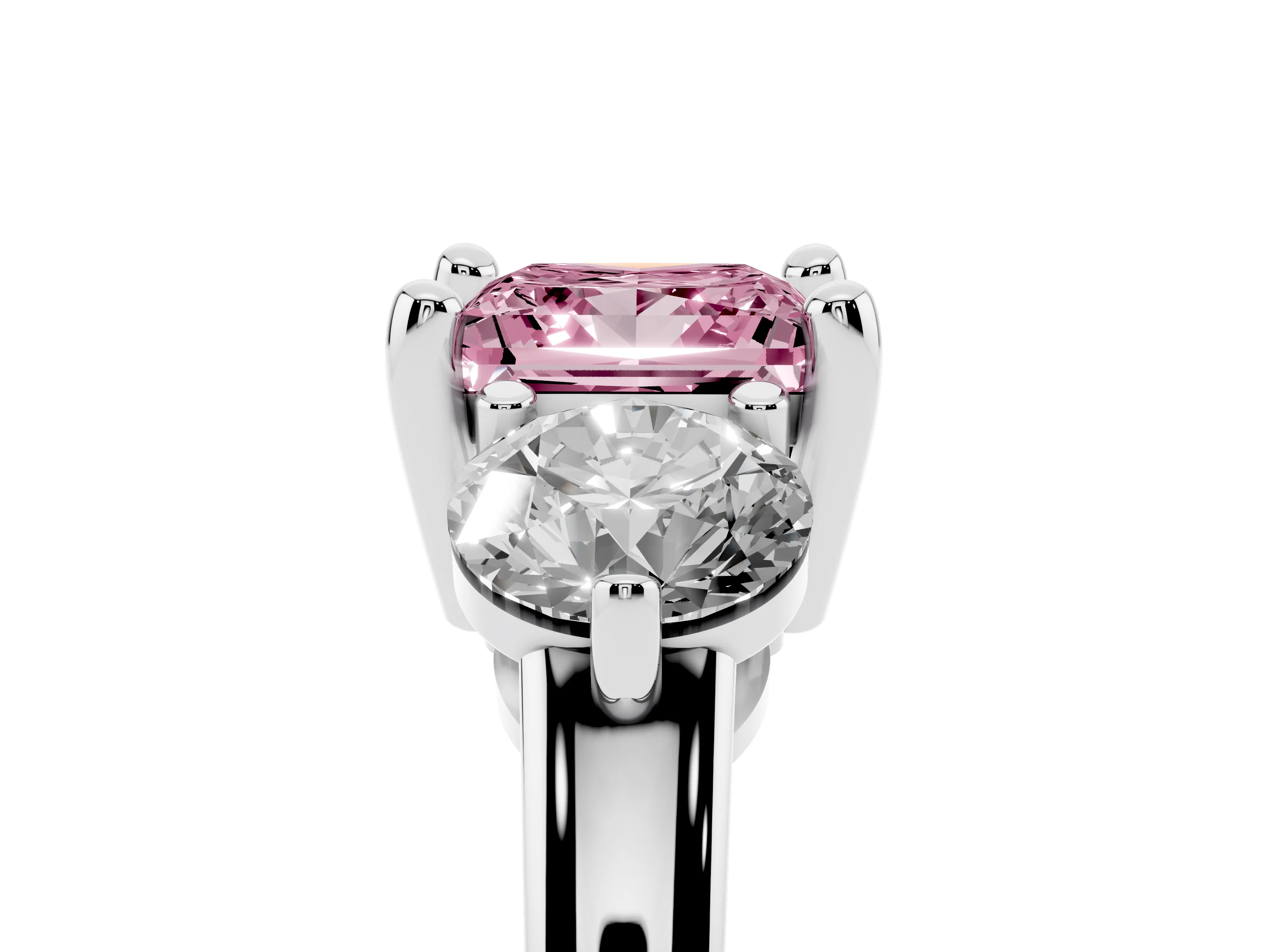 Fancy Pink Princess Cut Diamond Three-Stone Ring Set in White gold with Prong Setting and Classic Band