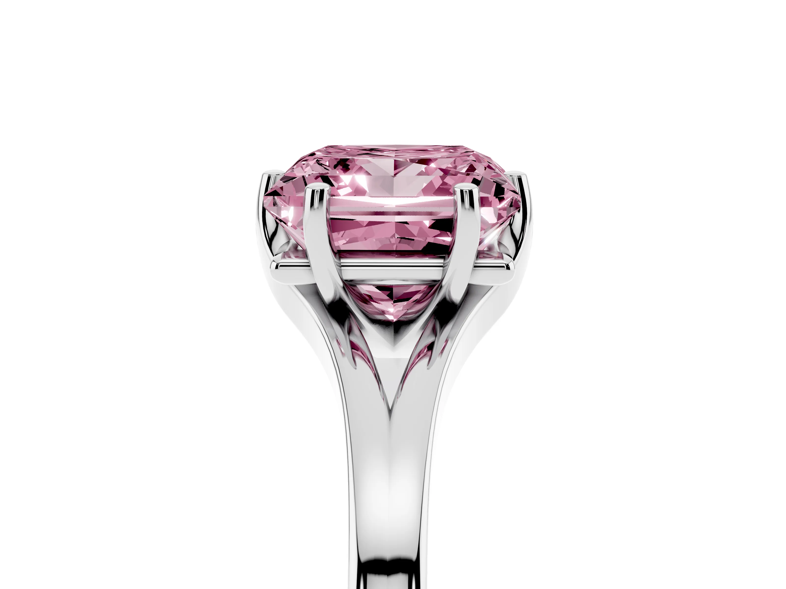 Fancy Pink Princess Cut Diamond Solitaire Ring Set in Platinum with Polished Tapered Band and Prong Setting