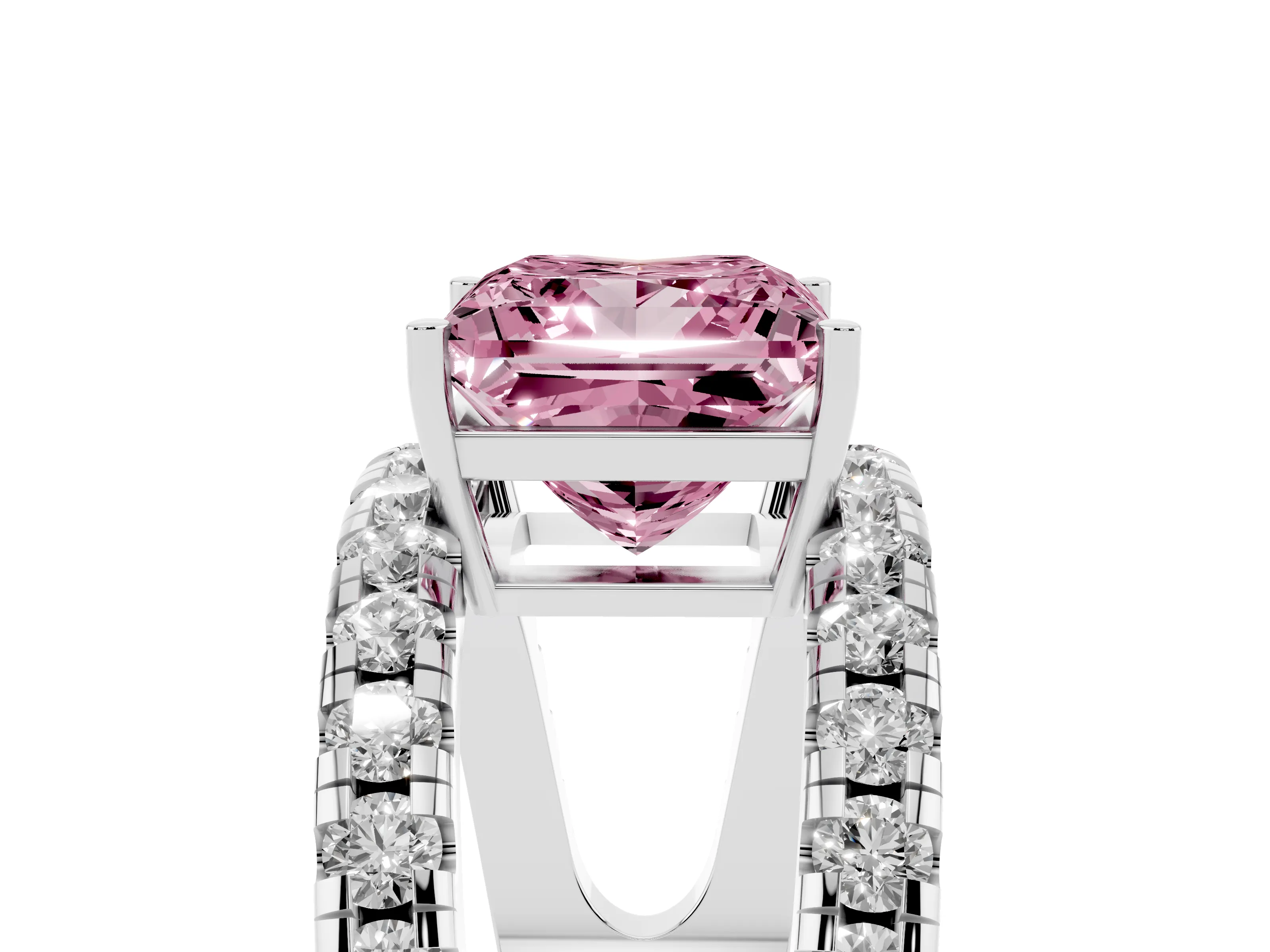 Fancy Pink Princess Cut Diamond Split Shank Pavé Solitaire Ring Set in Platinum with Open Shank Design