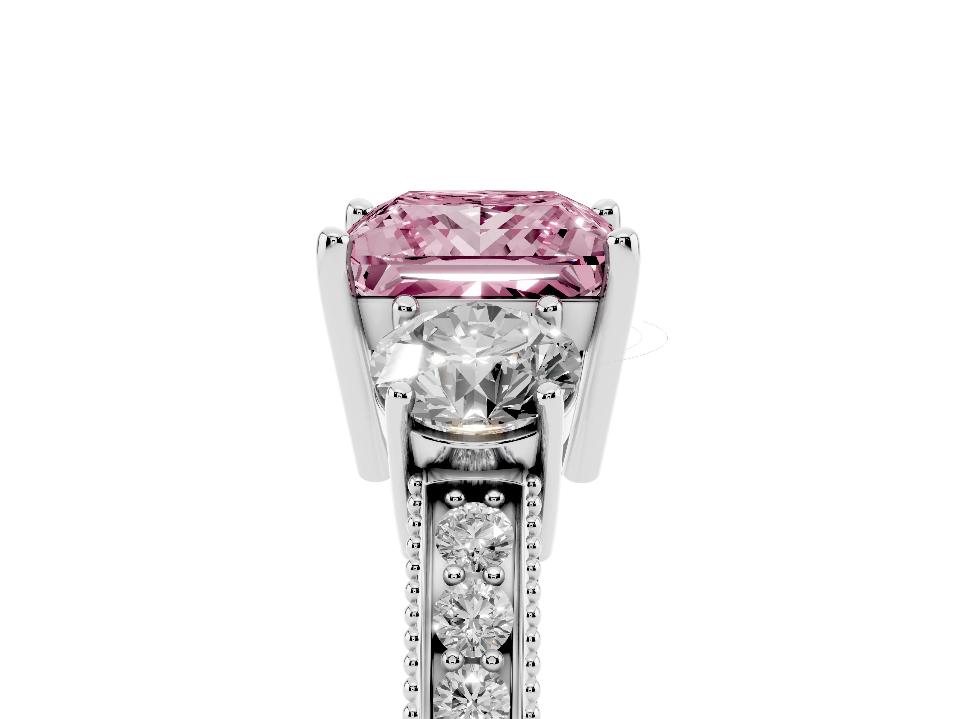 Fancy Pink Princess Cut Diamond Three-Stone Ring Set in Platinum with Round Side Stones and Pavé Band