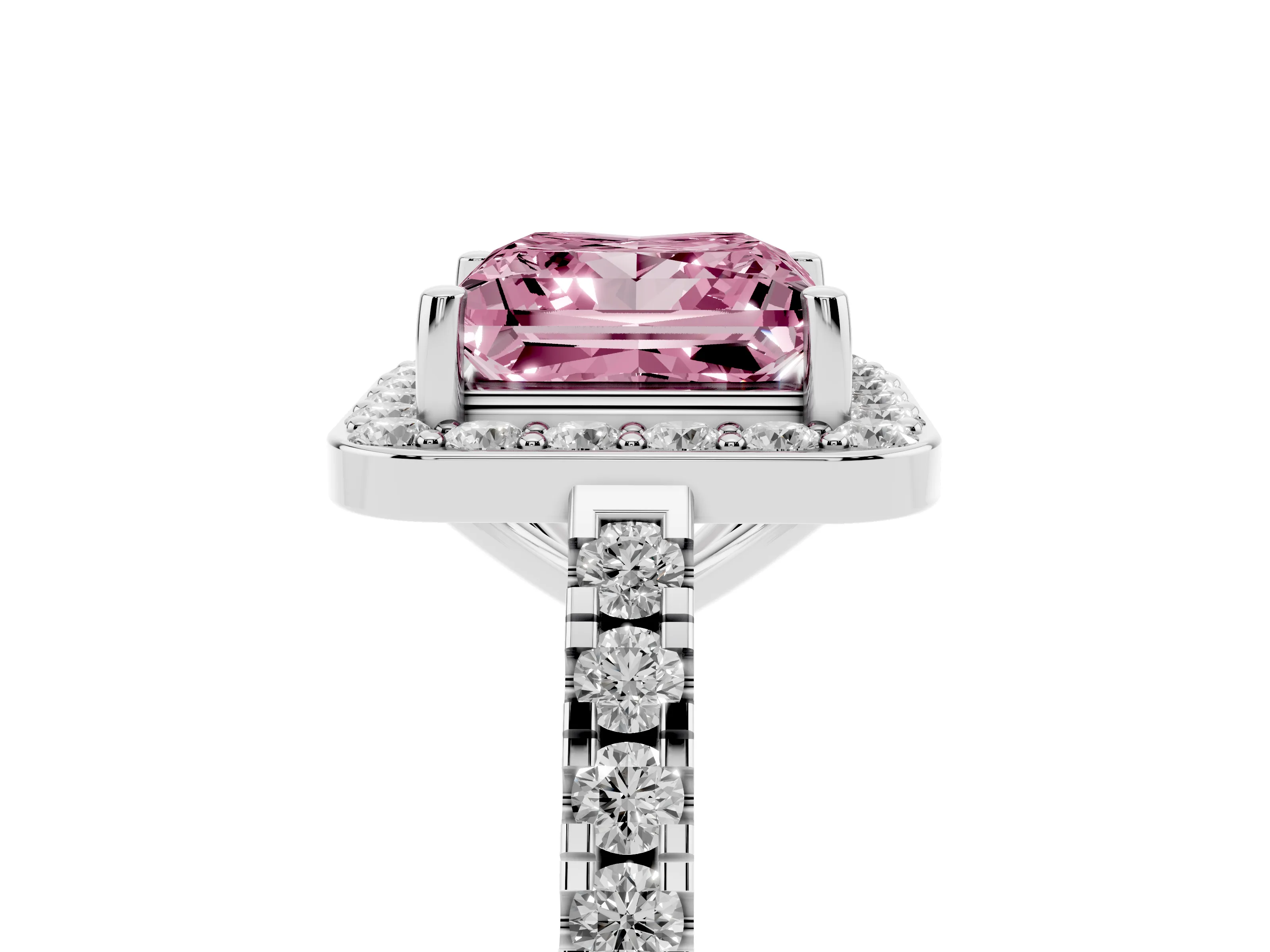 Fancy Pink Princess Cut Diamond Halo Ring Set in White gold with Round Pavé Split Shank and Prong Setting